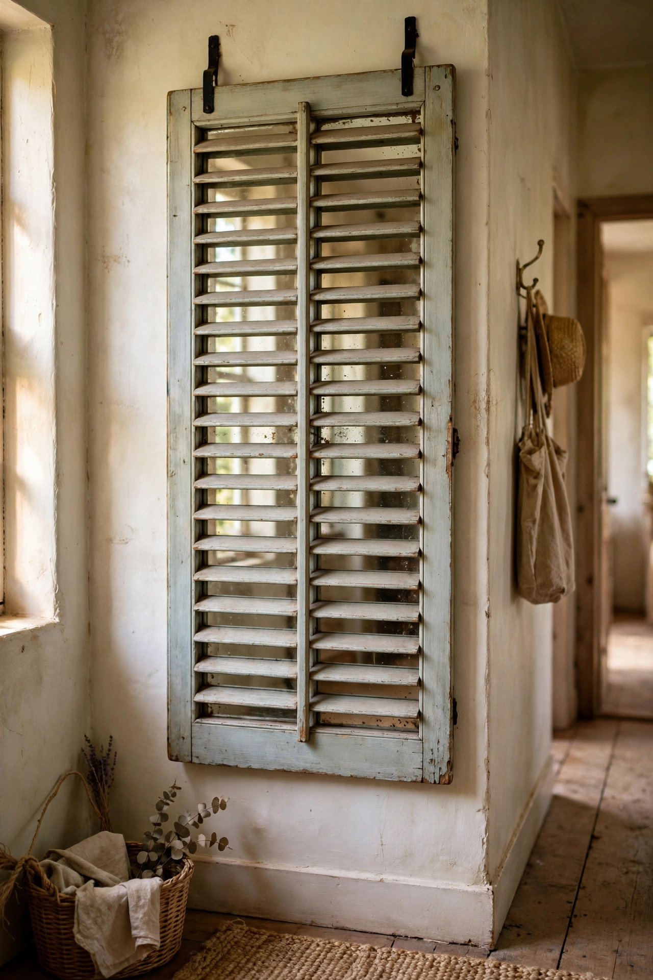 An old louvered shutter with mirror panels fitted behind the slats