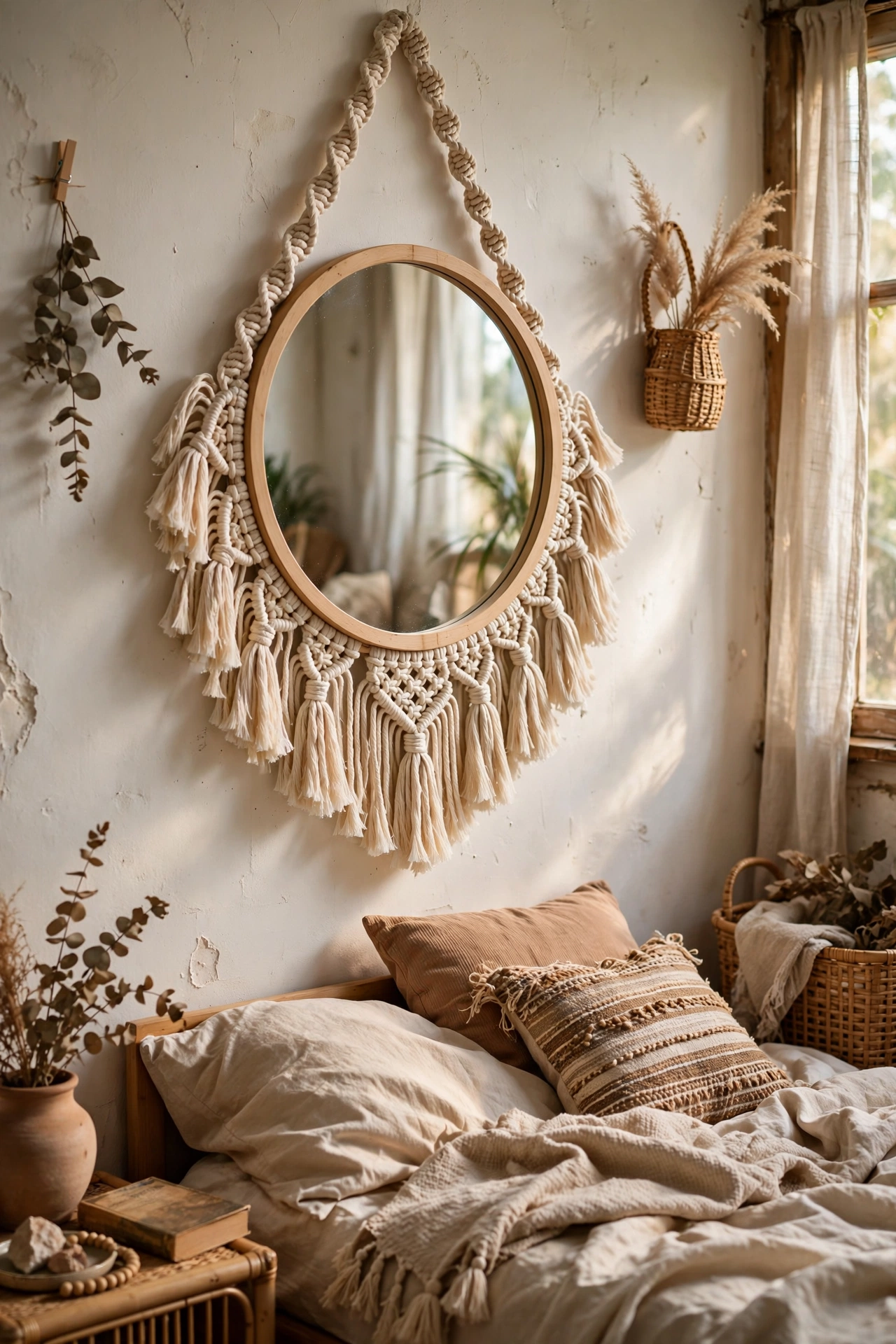A round mirror with knotted macrame fringe hanging in a bedroom