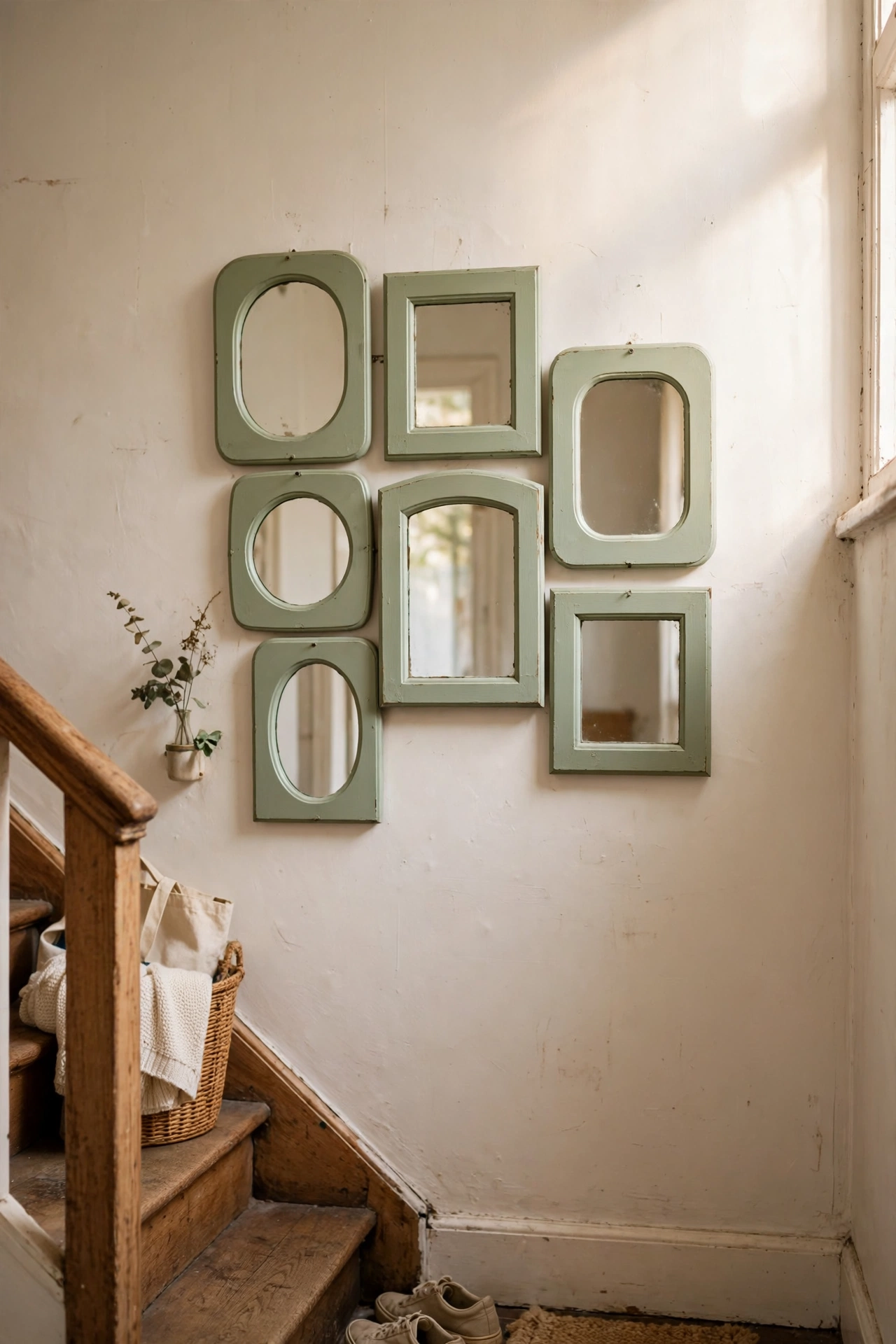 A cluster of small thrifted mirrors in painted frames on a stairwell wall