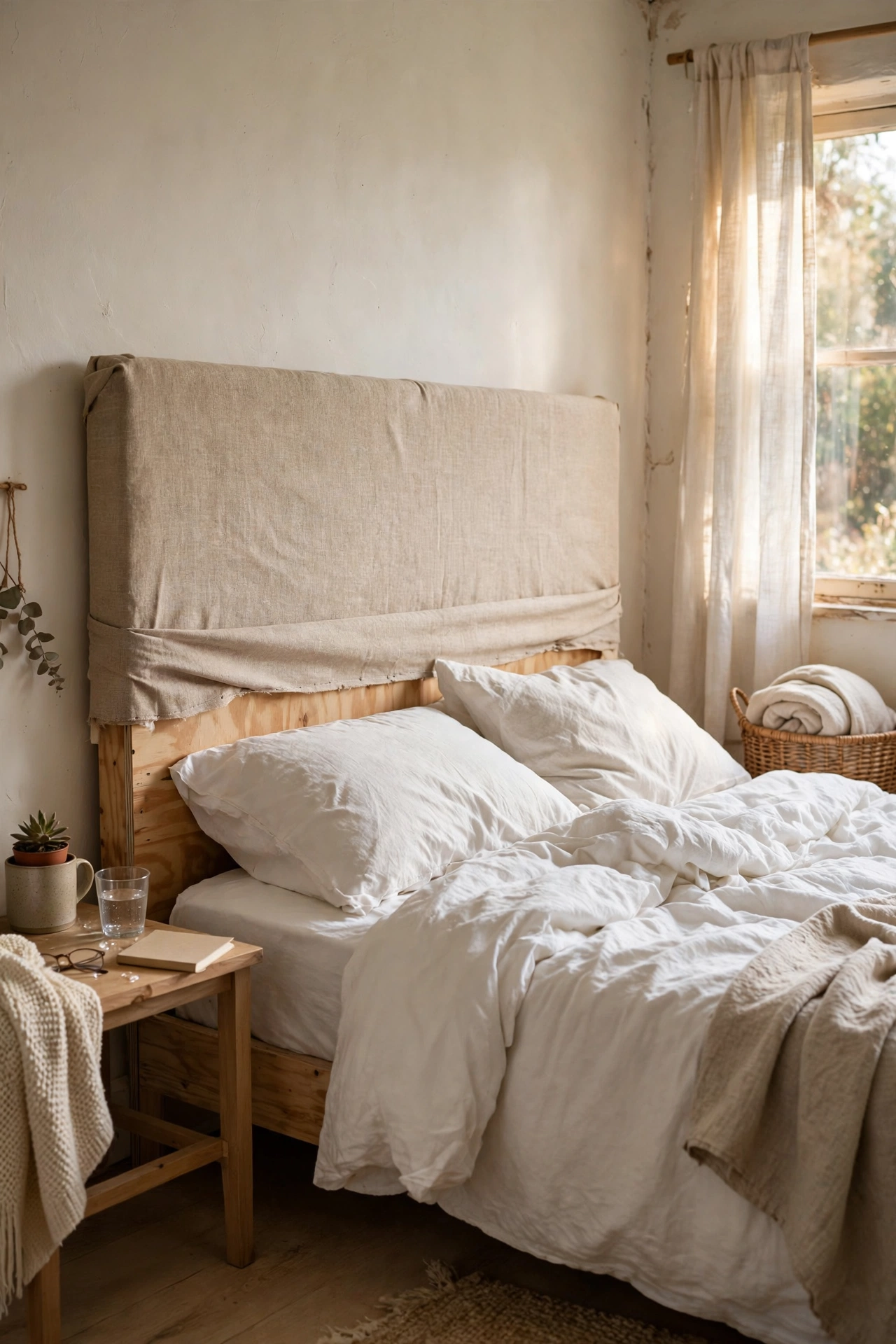 A plywood diy headboard wrapped in foam and linen fabric behind a bed