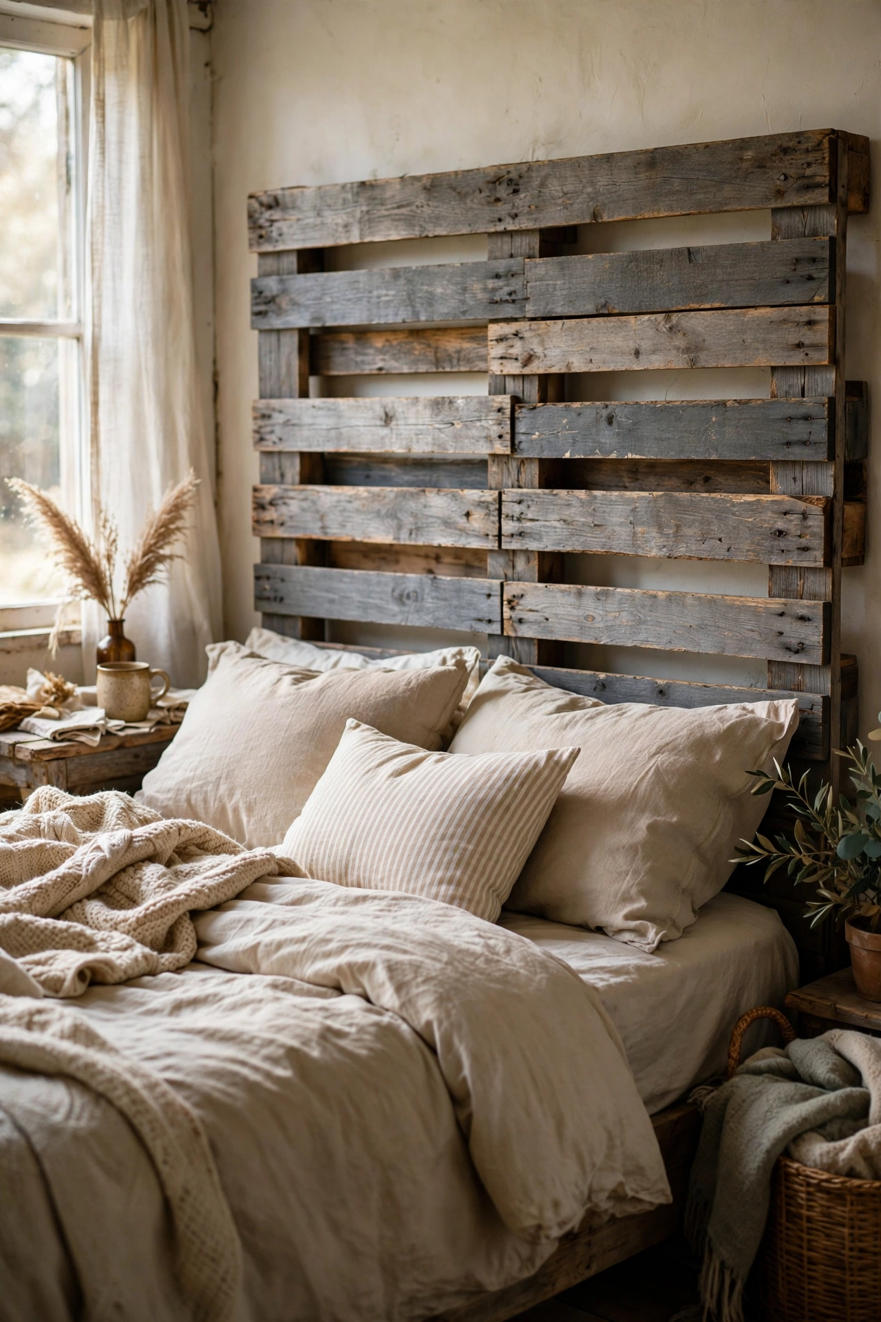 A rustic pallet wood diy headboard stained weathered grey behind a bed