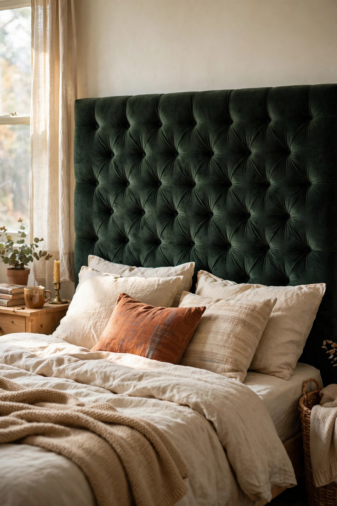 A deep-button tufted velvet diy headboard in a bedroom
