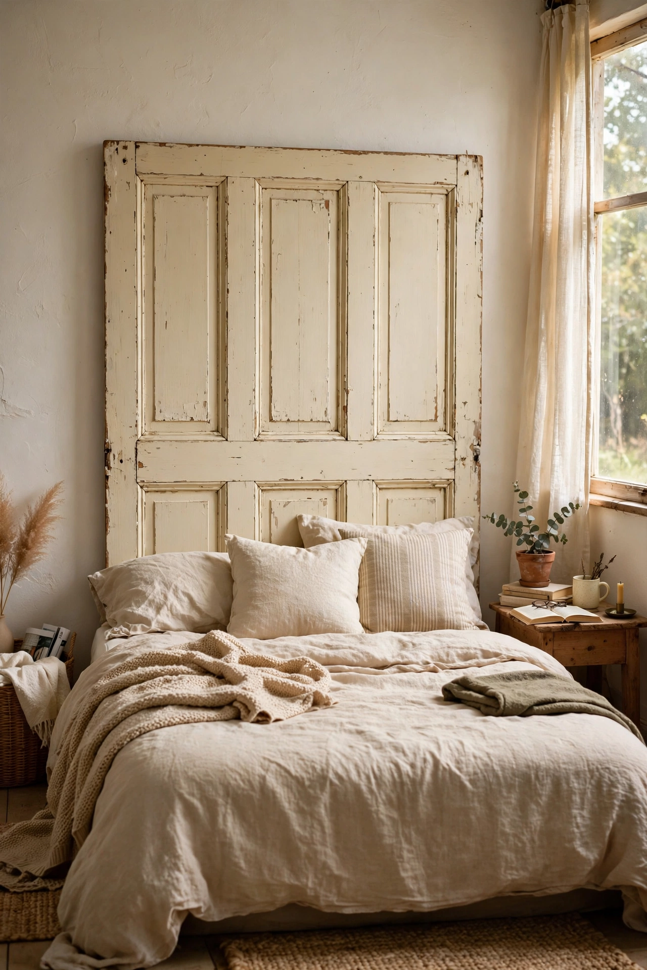 A salvaged panelled door painted cream used as a headboard