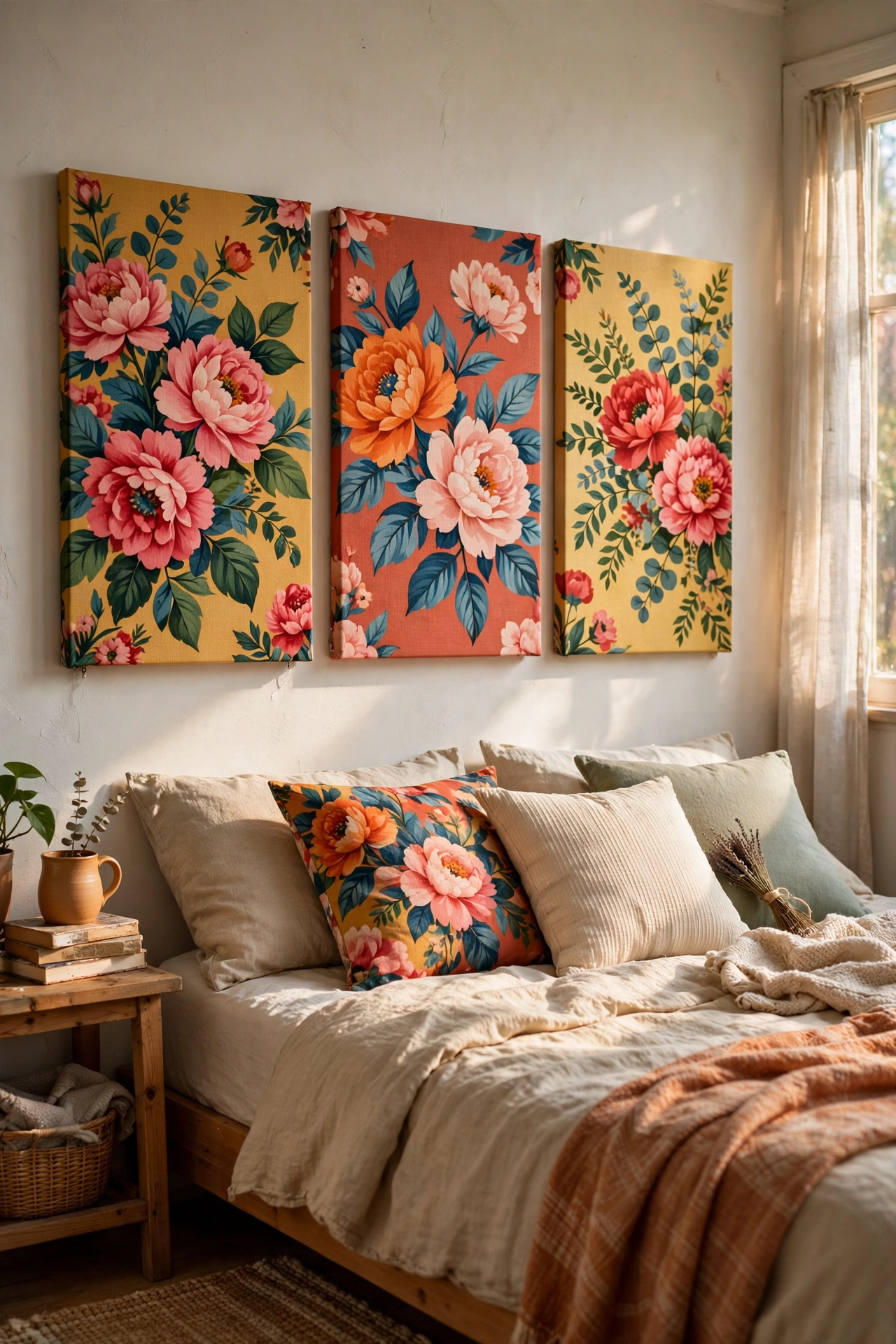 Three fabric-wrapped canvas panels as a modern diy headboard