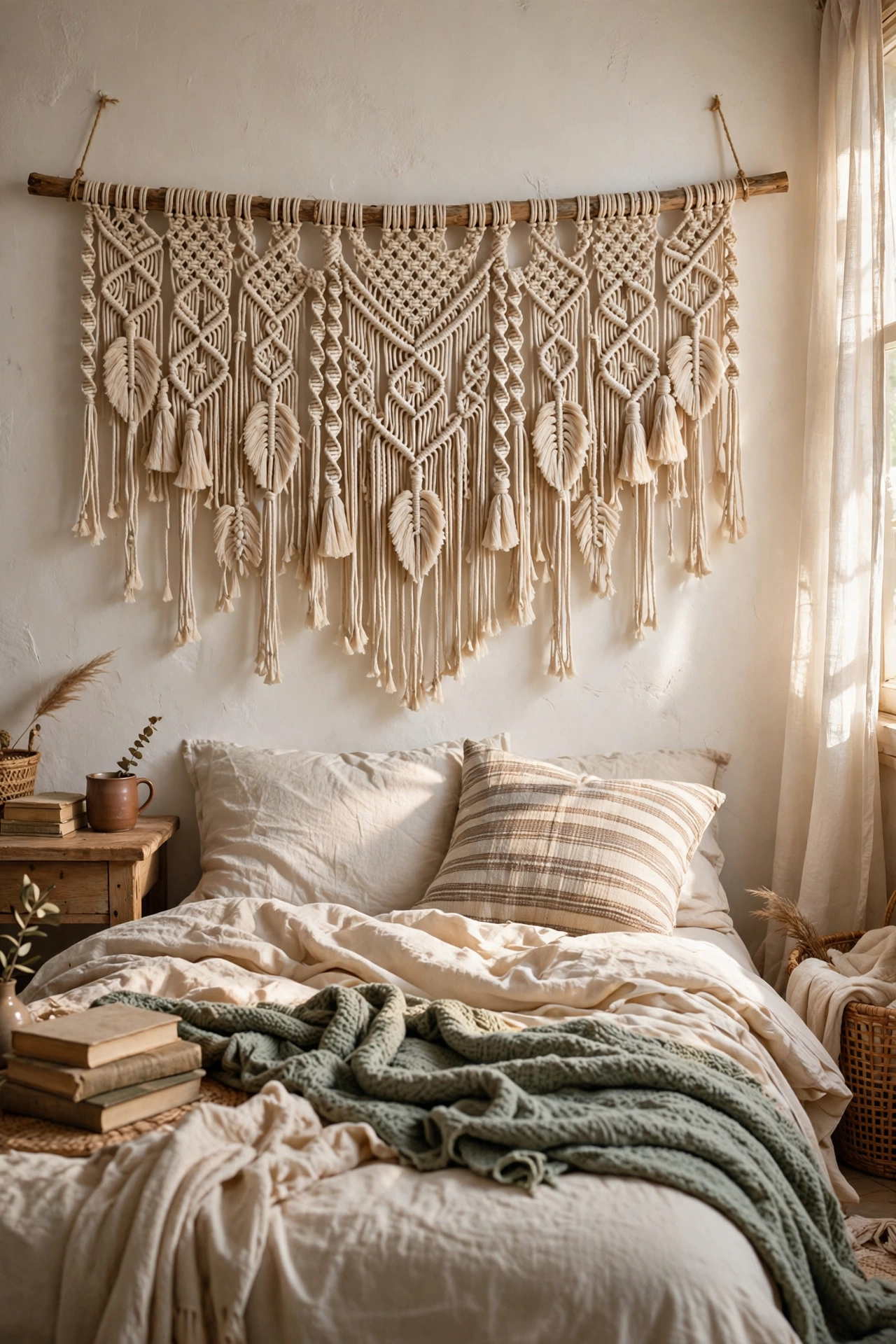 A wide macrame wall hanging on a dowel used as a boho headboard