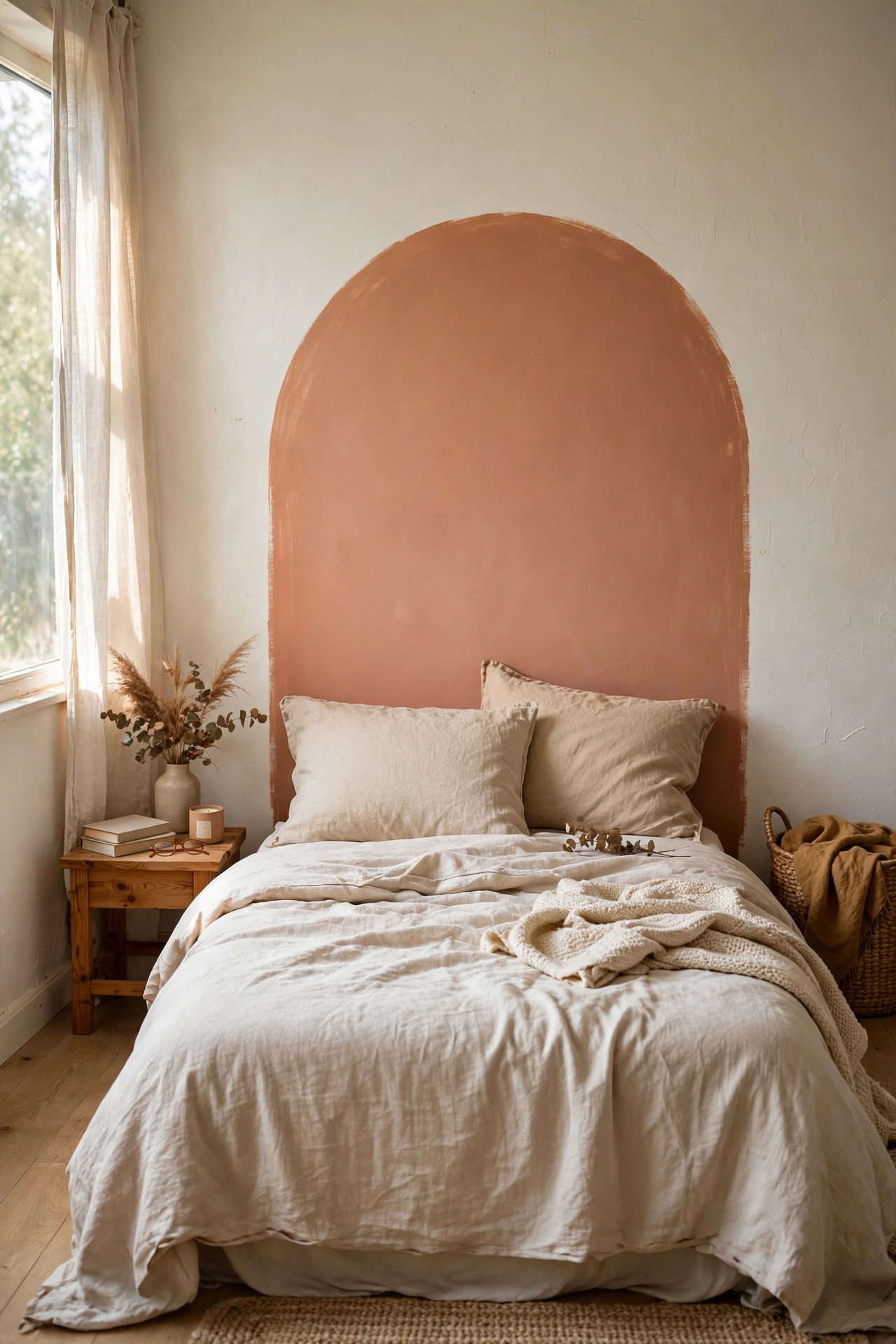 A terracotta arch painted on a wall behind a bed as a headboard alternative