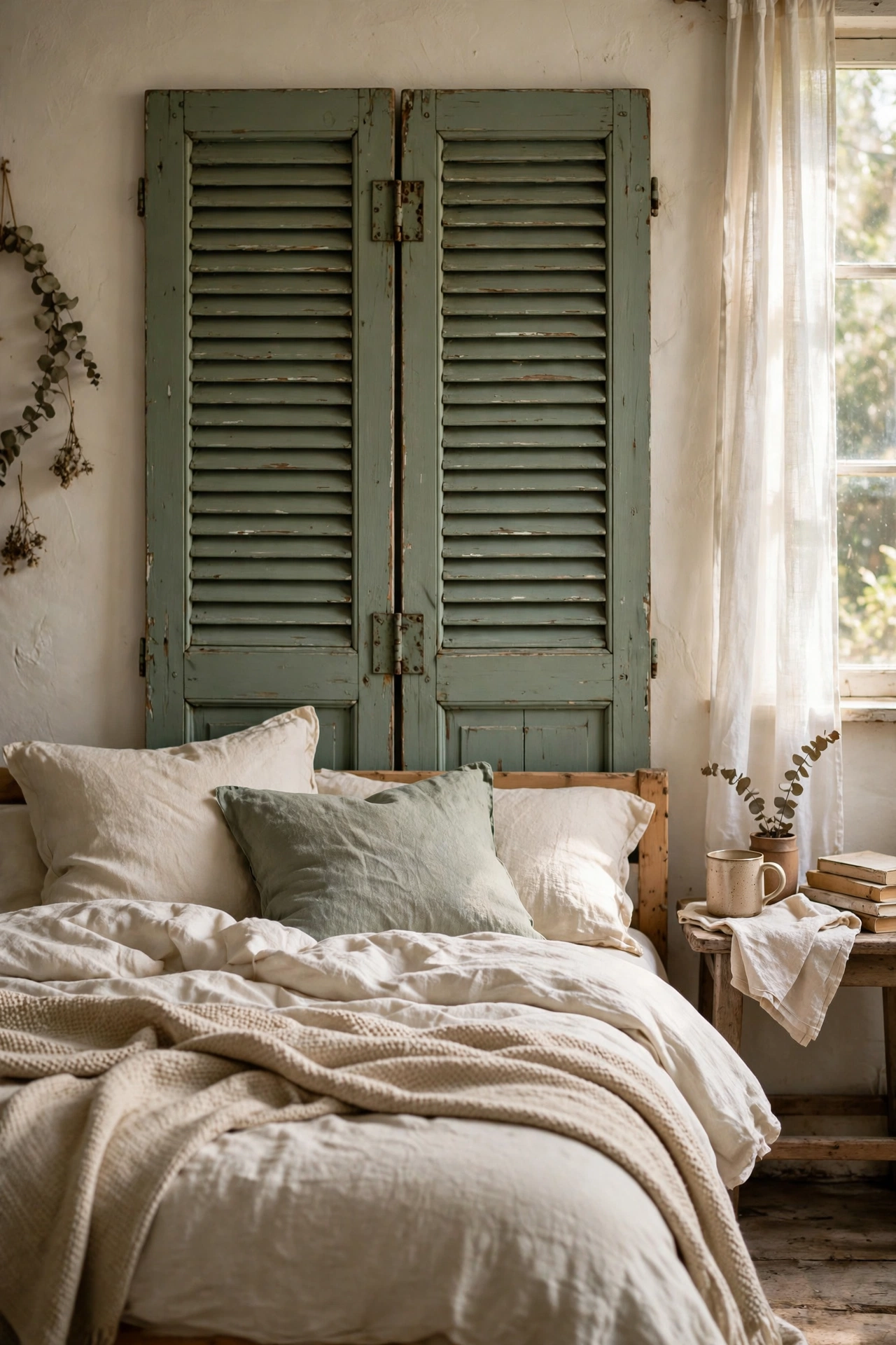 Two old shutters painted sage green hinged as a cottage headboard