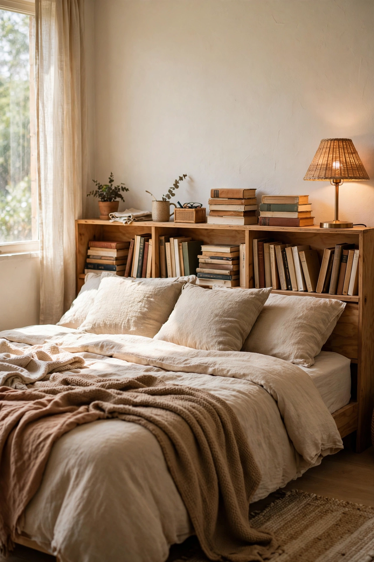 A low bookcase placed horizontally behind a bed as a storage headboard