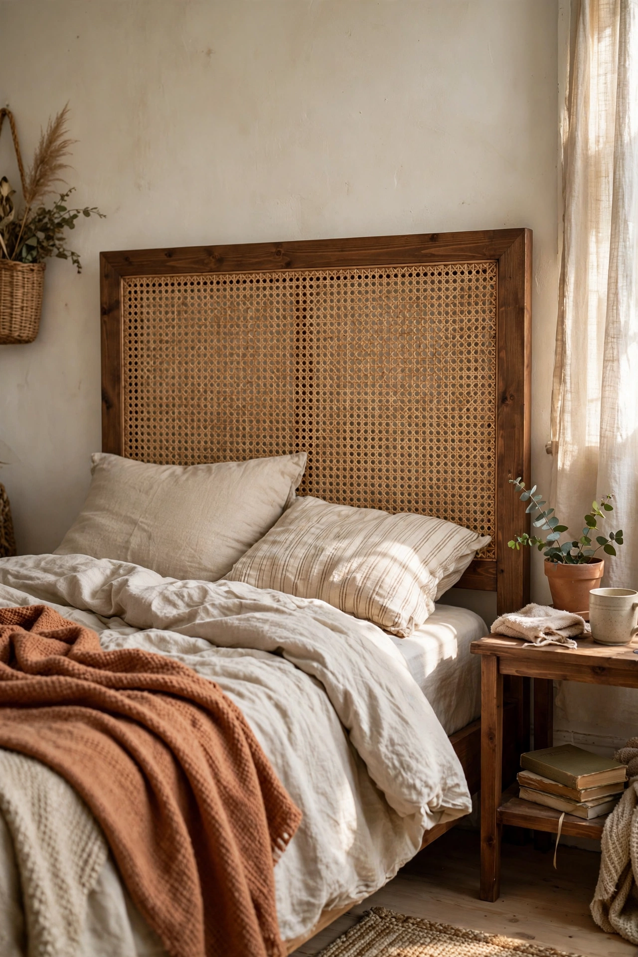 A rattan cane webbing headboard in a walnut stained wood frame