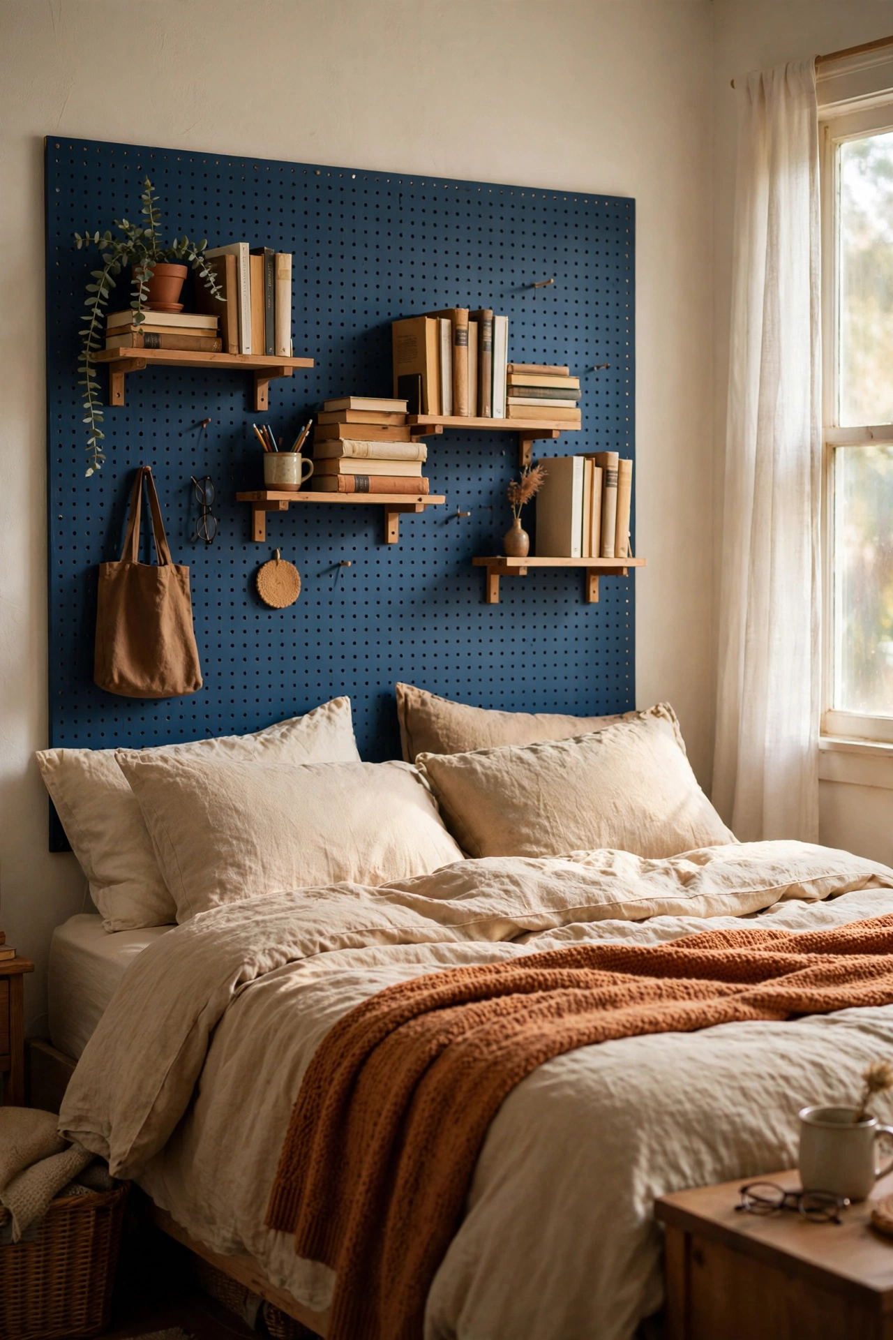 A deep blue painted pegboard headboard with small shelves and a reading light