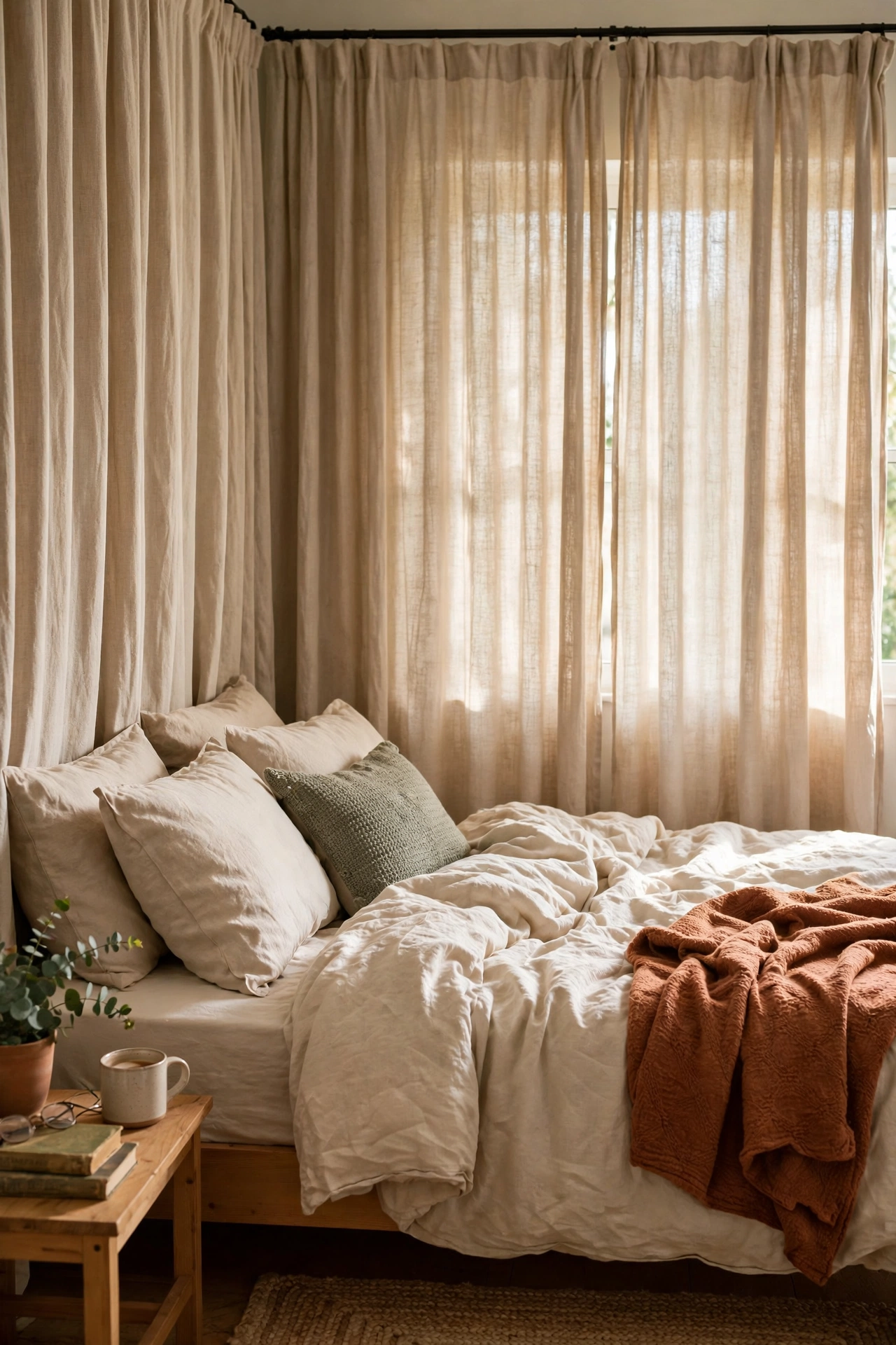Floor-to-ceiling linen curtains hung behind a bed as a soft headboard wall