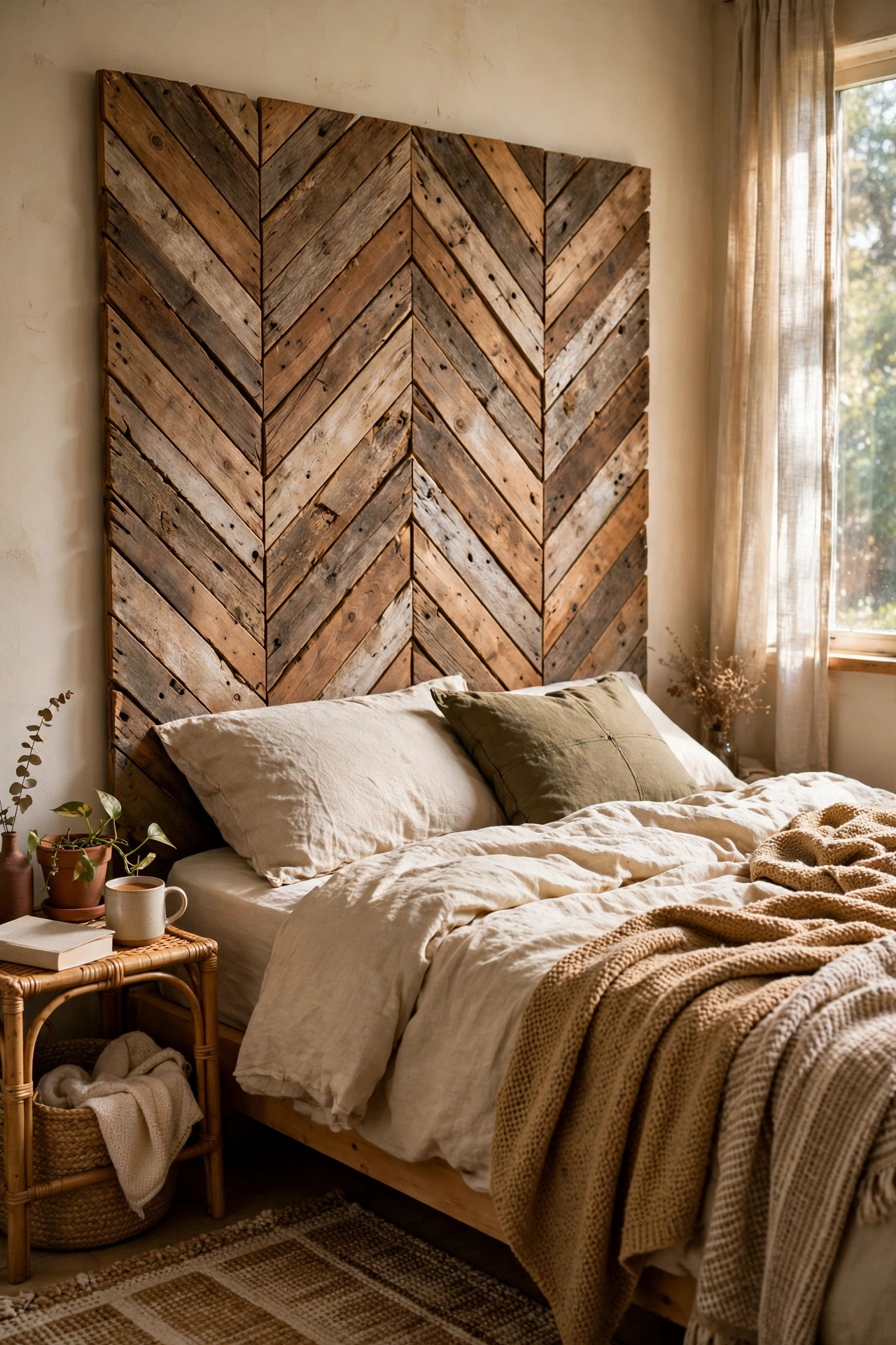 Reclaimed wood boards in a chevron pattern as a statement headboard