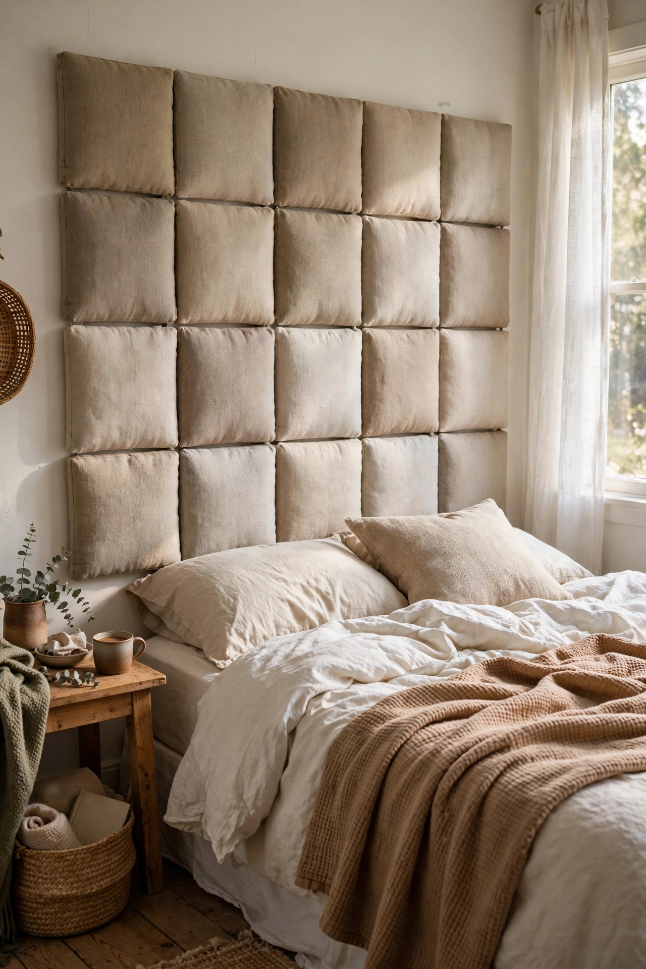 Individual upholstered fabric squares in a grid as a modern padded headboard