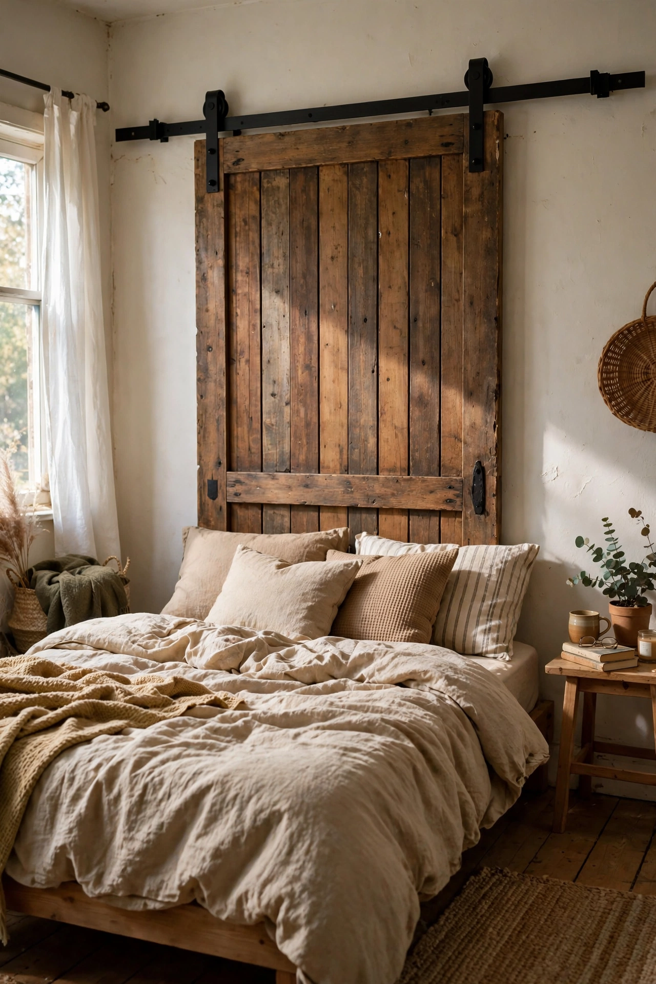 A sliding plank barn door on a rail above a bed as a dramatic headboard