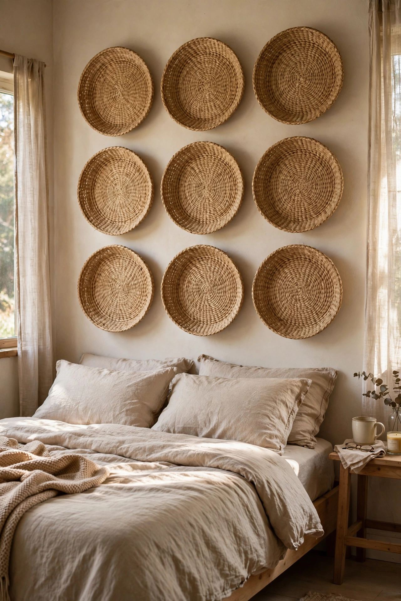 Nine flat seagrass baskets in a grid on a wall as a textural headboard