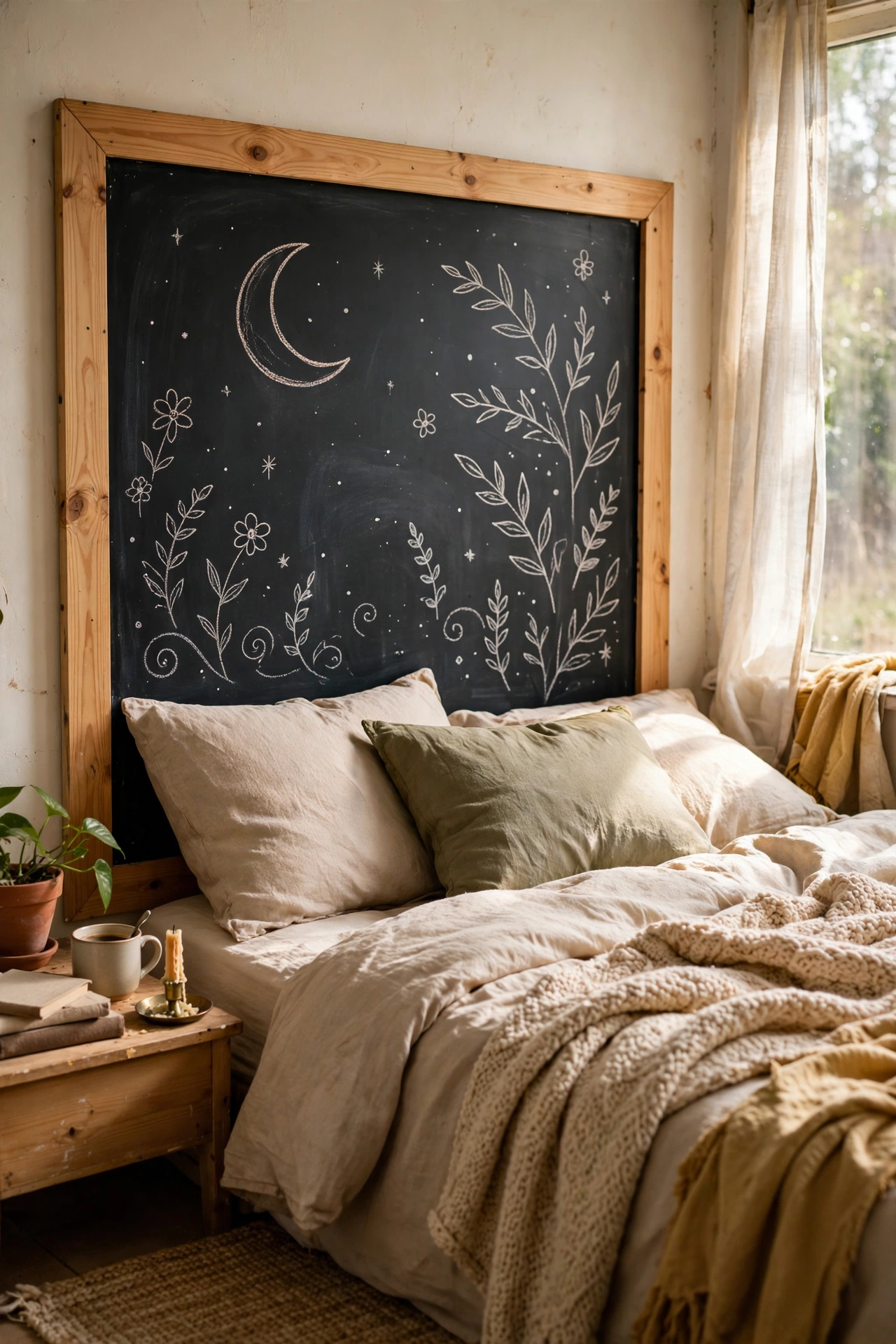 A plywood panel painted with chalkboard paint as a changeable headboard