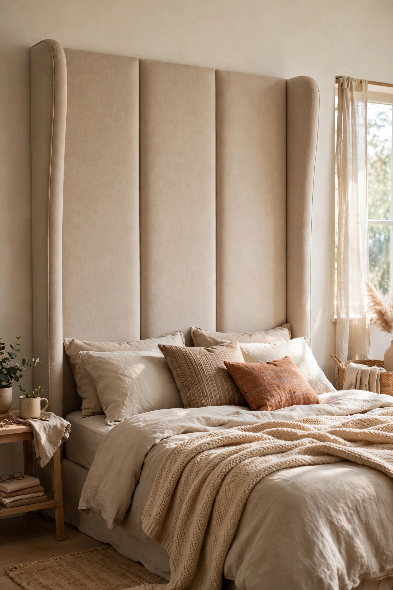 Three tall upholstered panels side by side as a wingback-style headboard