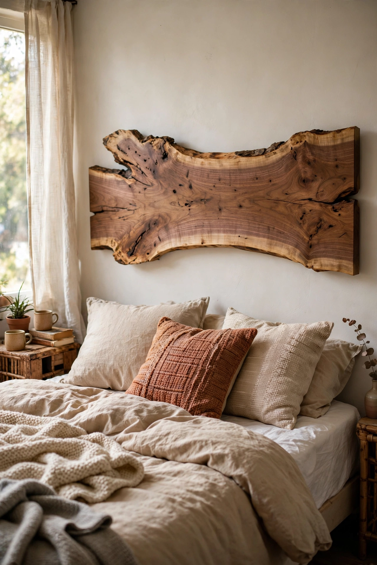 A live-edge wood slab mounted horizontally as a sculptural natural headboard