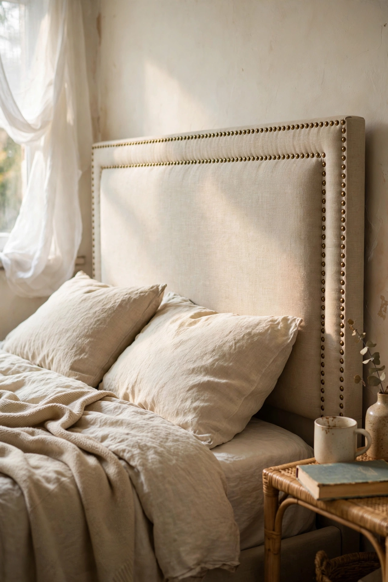 An upholstered linen headboard with nailhead trim detailing around the edge