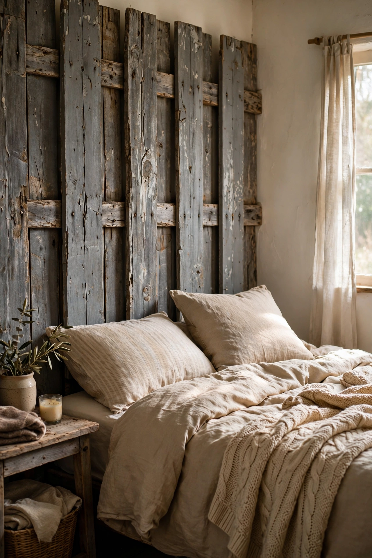 Weathered fence boards as a rustic farmhouse headboard