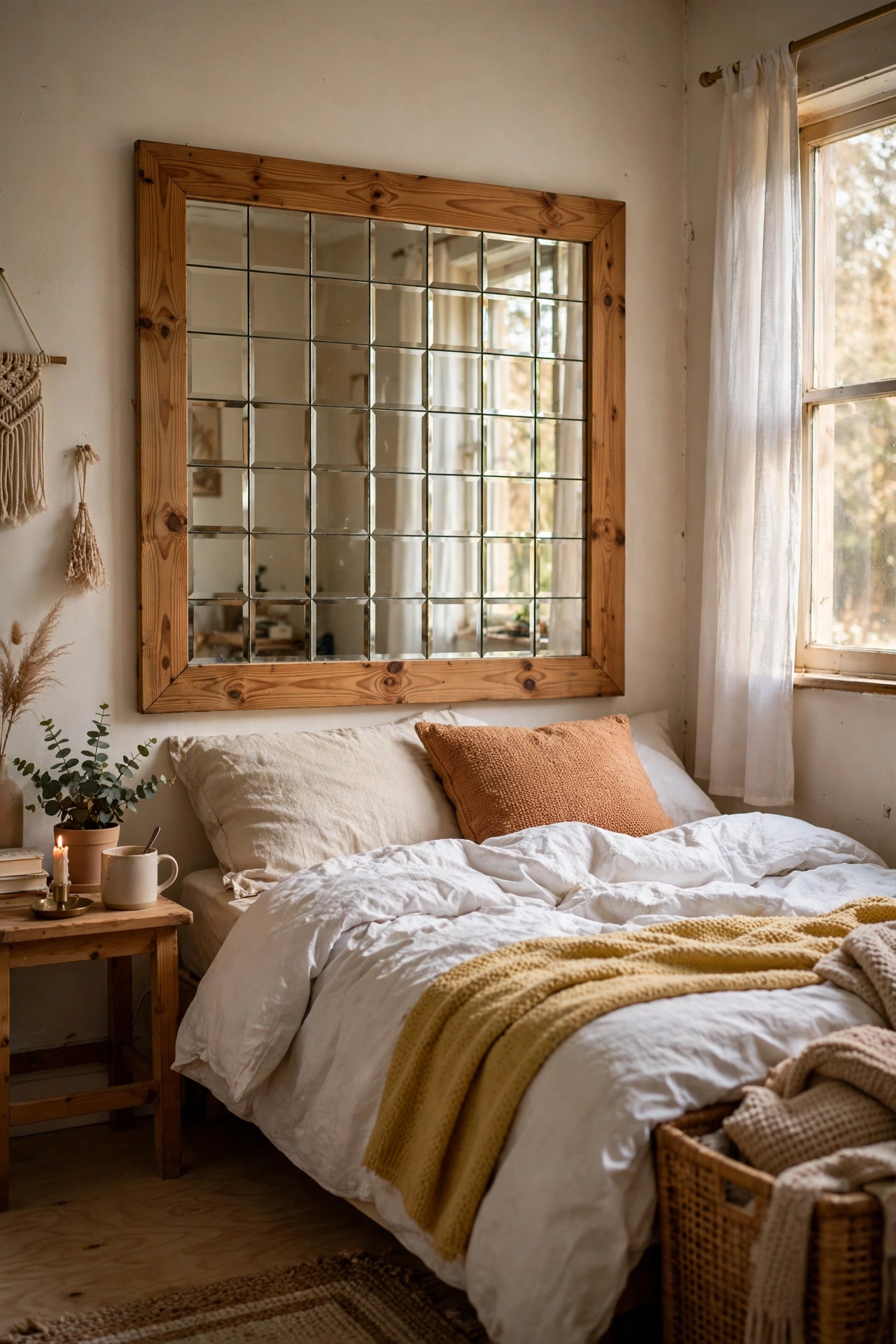 Mirror tiles set in a pine frame as a glamorous reflective headboard