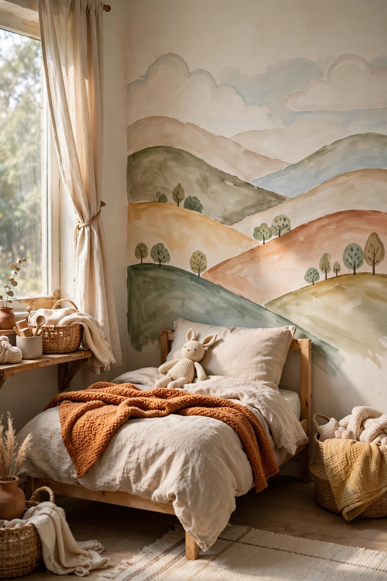 A hand-painted rolling hills mural on a wall behind a bed as art headboard
