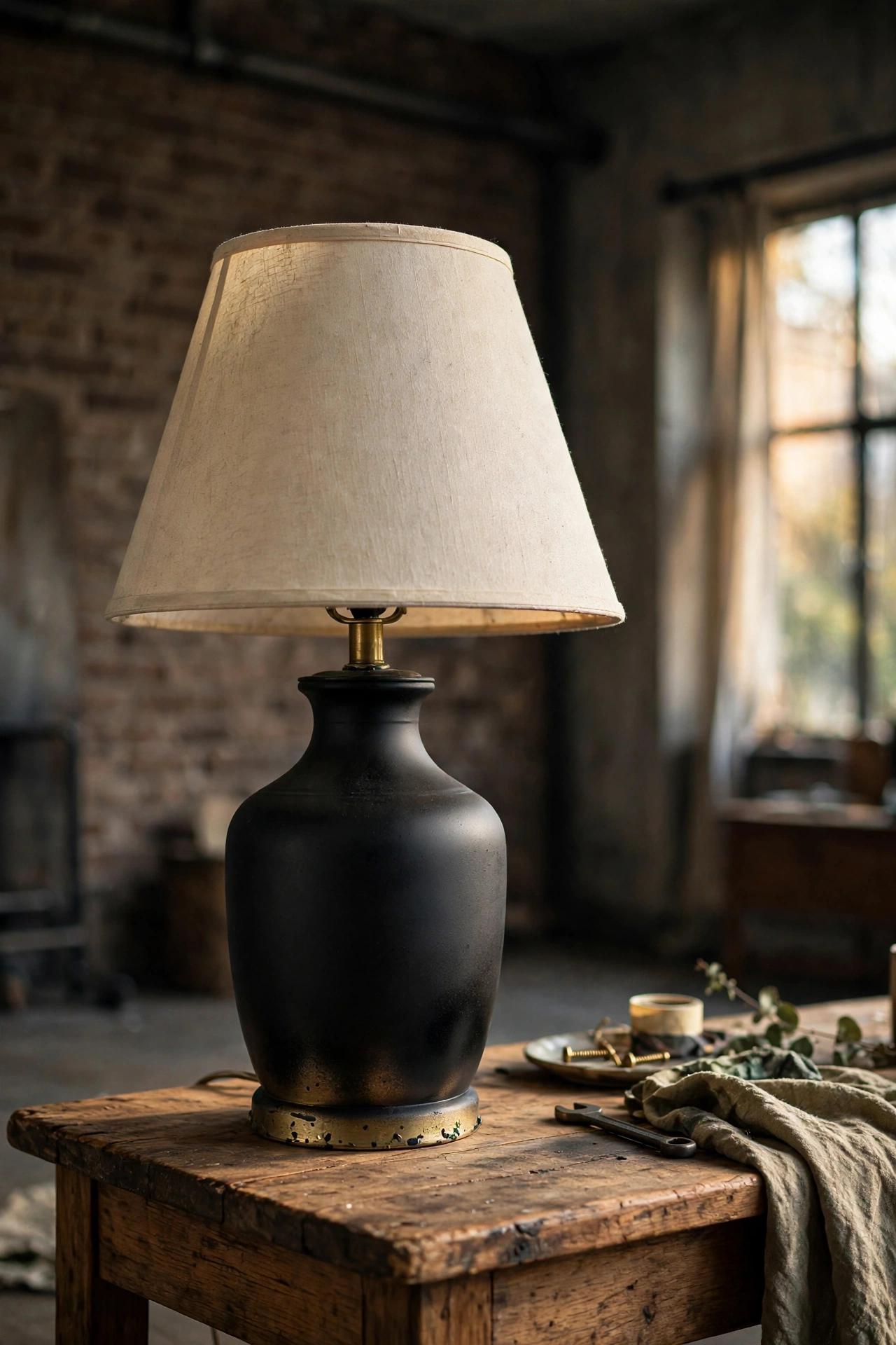 Thrifted brass lamp base spray painted matte black for industrial living room decor on a budget