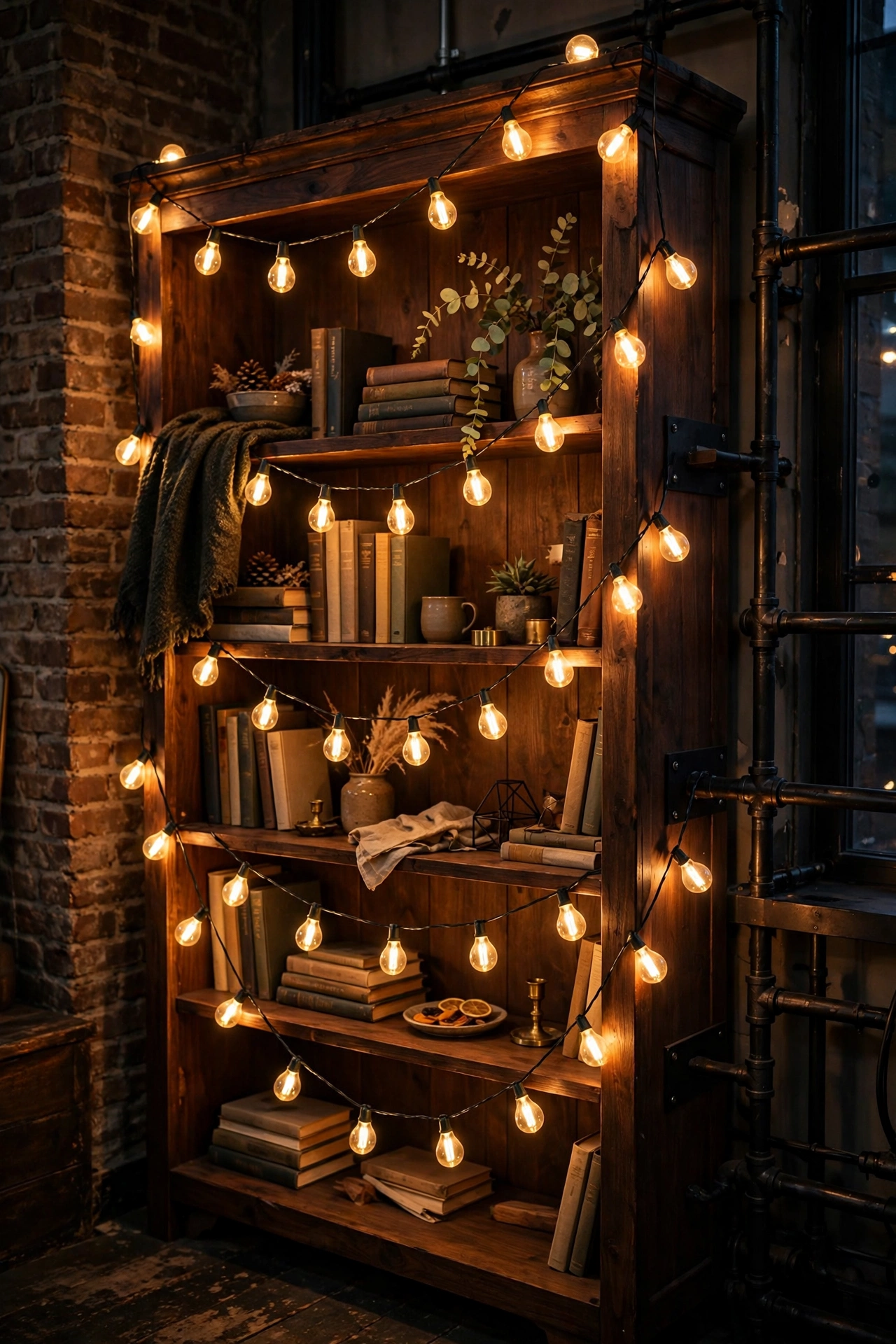 Warm Edison bulb string lights draped over bookshelf in budget industrial living room