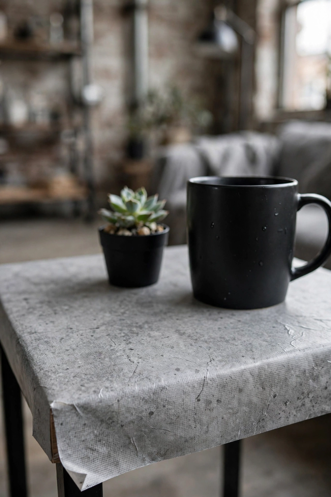 IKEA side table top covered with concrete-look contact paper for cheap industrial decor