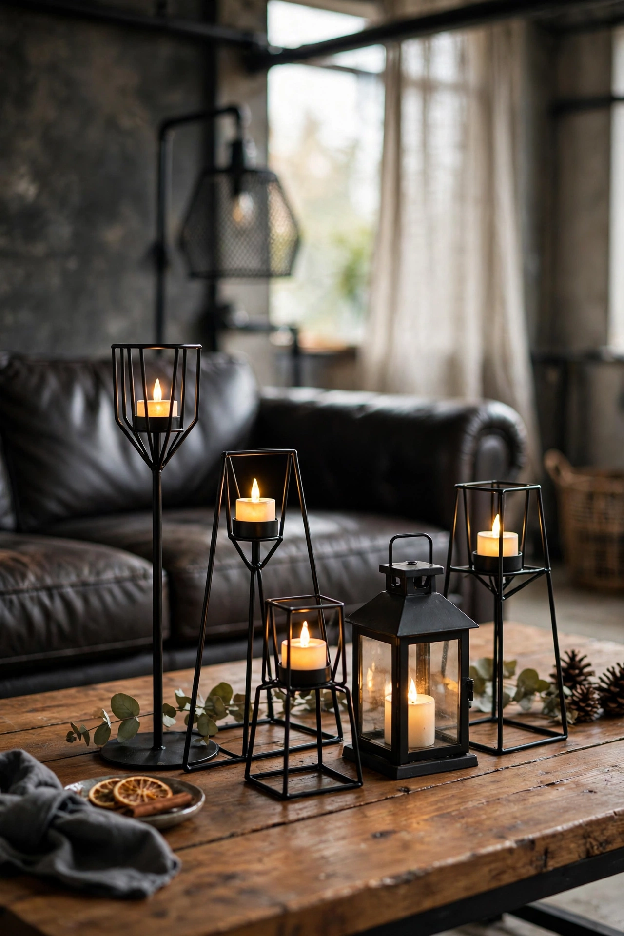 Group of black metal candle holders and lanterns from Dollar Tree styled on coffee table