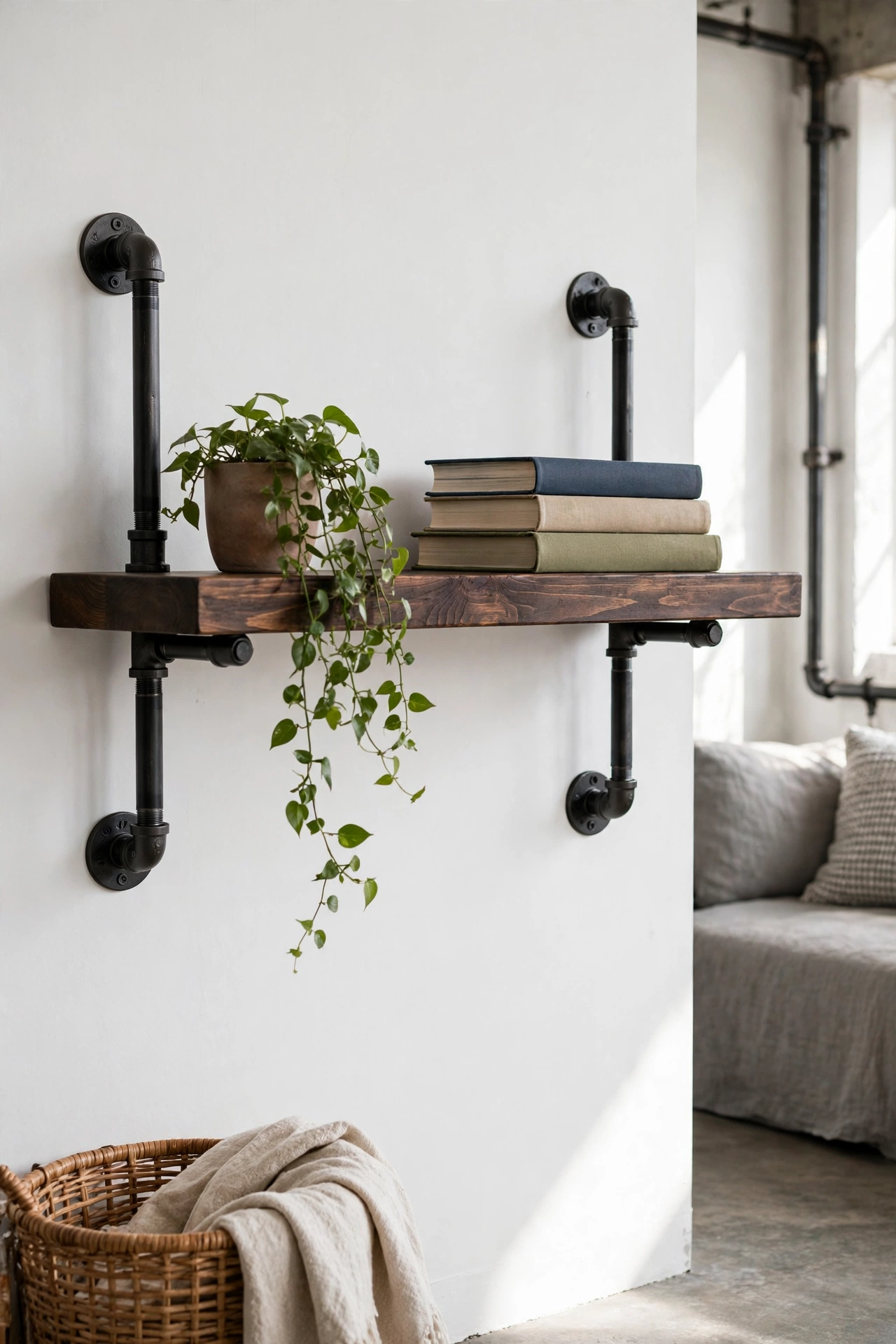 DIY floating shelf with black iron pipe brackets and stained wood board in industrial living room
