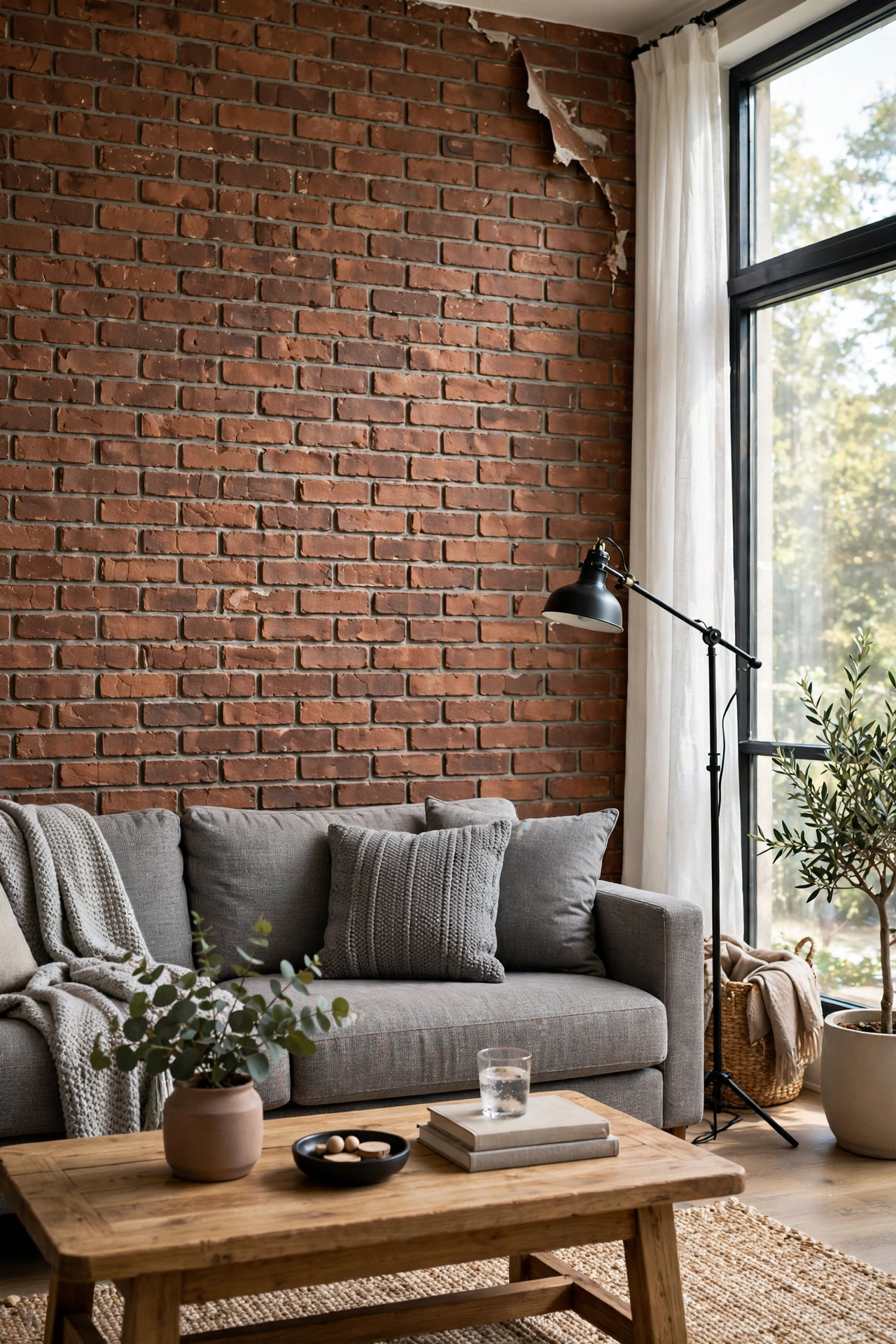 Peel and stick faux brick accent wall behind couch in budget industrial living room