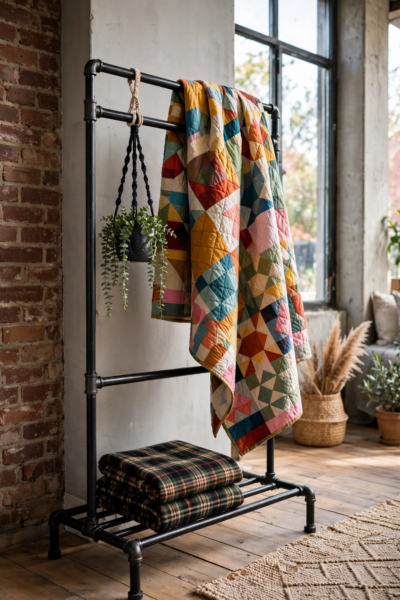 Black pipe garment rack styled with throws and quilt in industrial living room corner