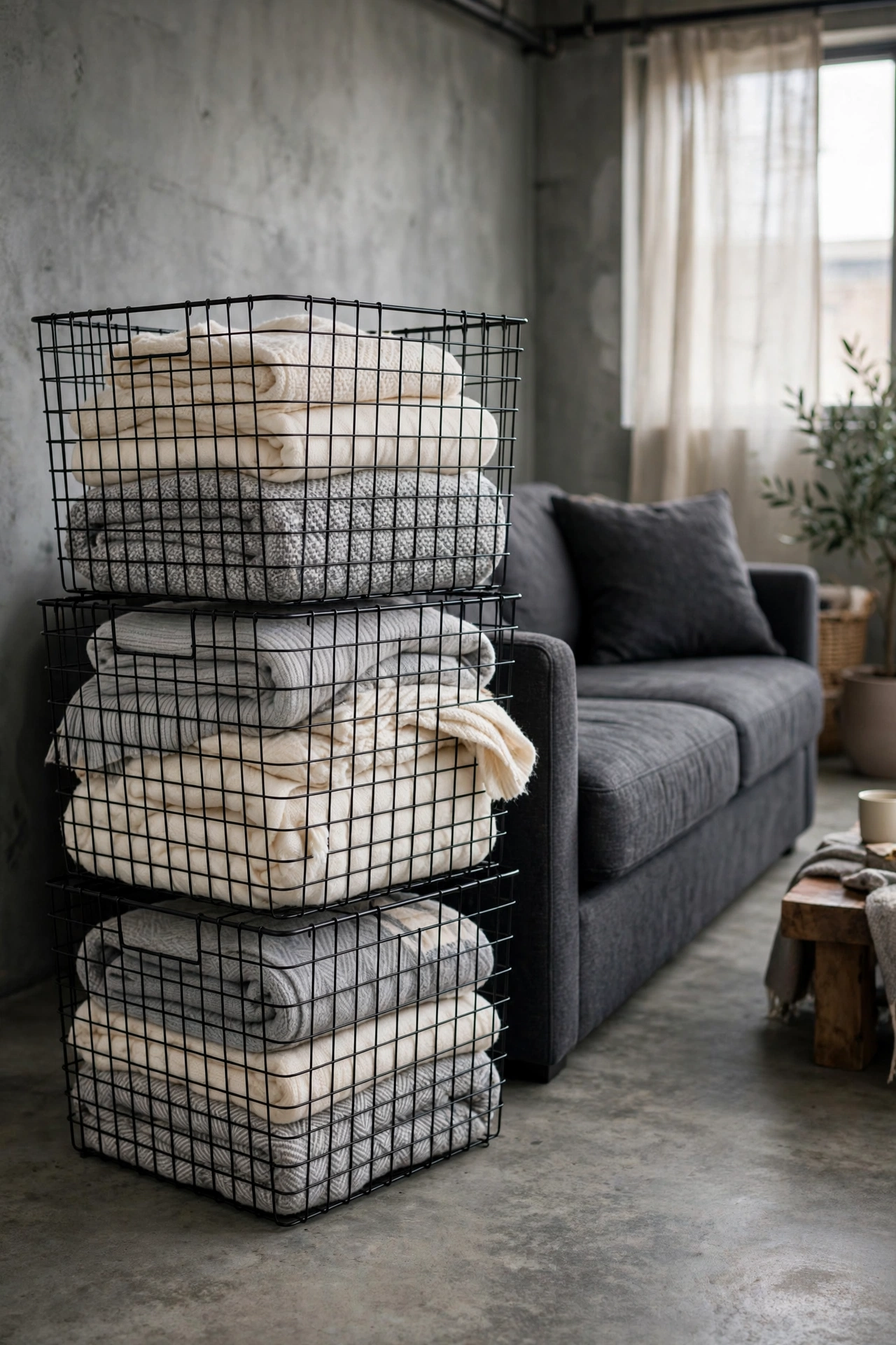Stacked black wire baskets used as blanket storage beside couch in industrial living room