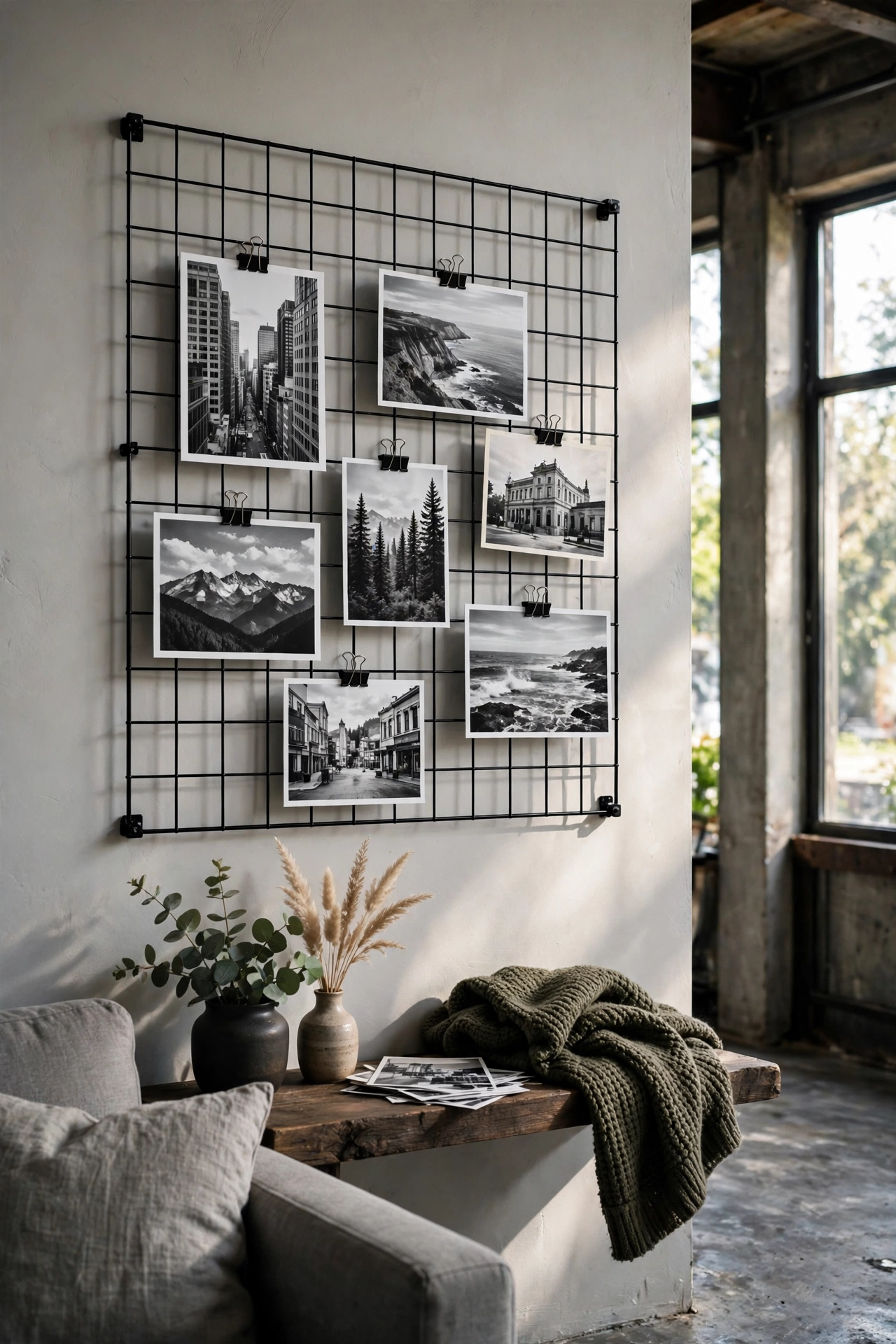 Black metal wall grid with clipped black and white photos in industrial living room