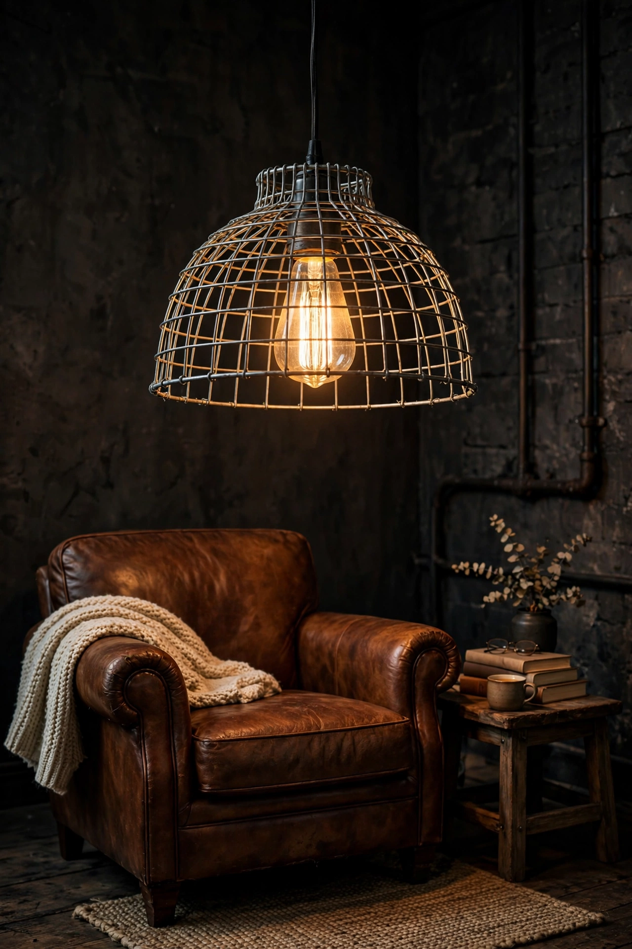 DIY cage pendant light made from wire basket hanging in industrial living room reading nook