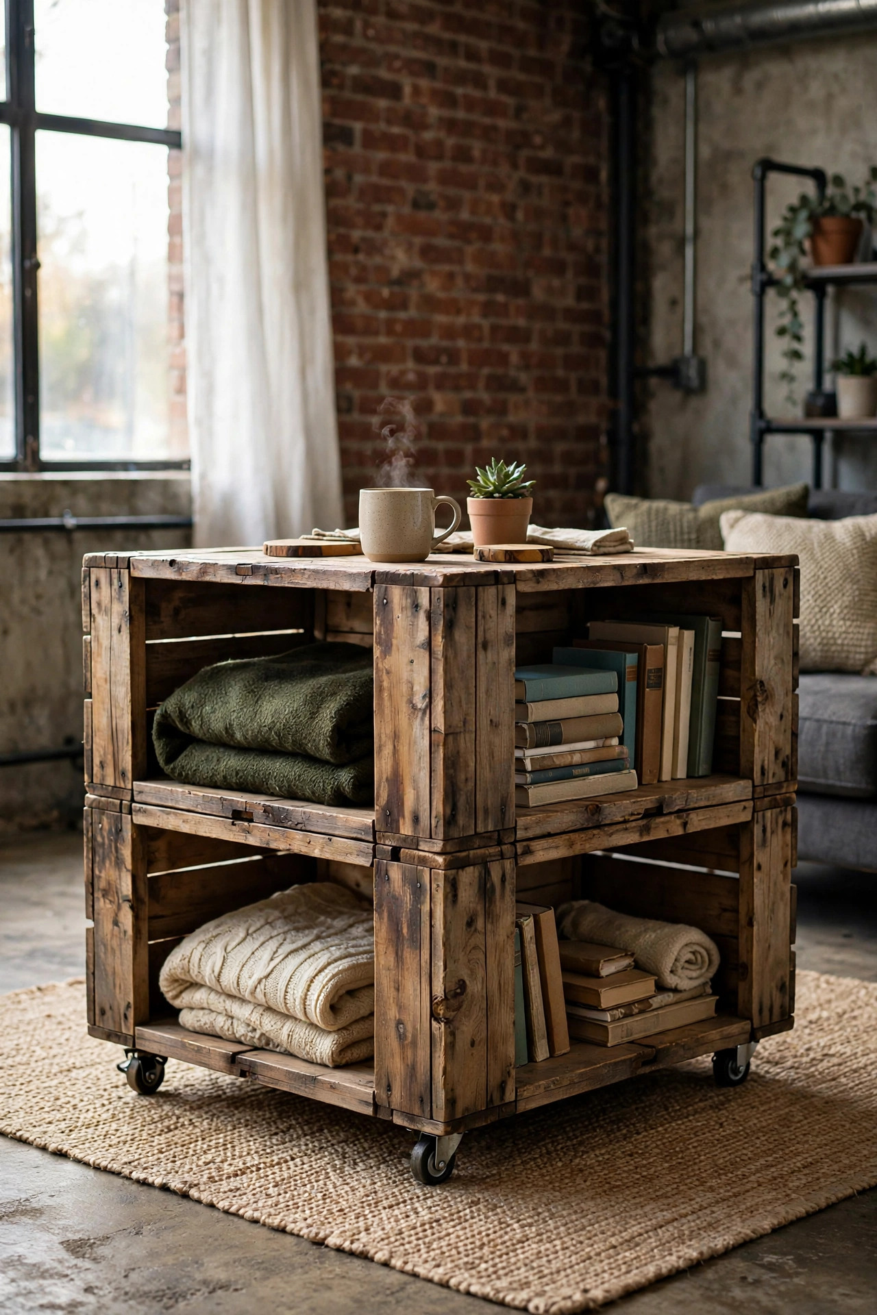DIY coffee table made from four wooden crates with storage cubbies in industrial living room