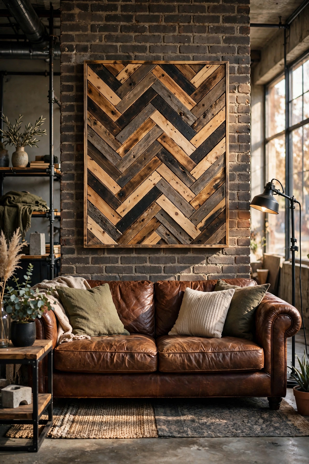 Herringbone pallet wood wall art above couch in budget industrial living room