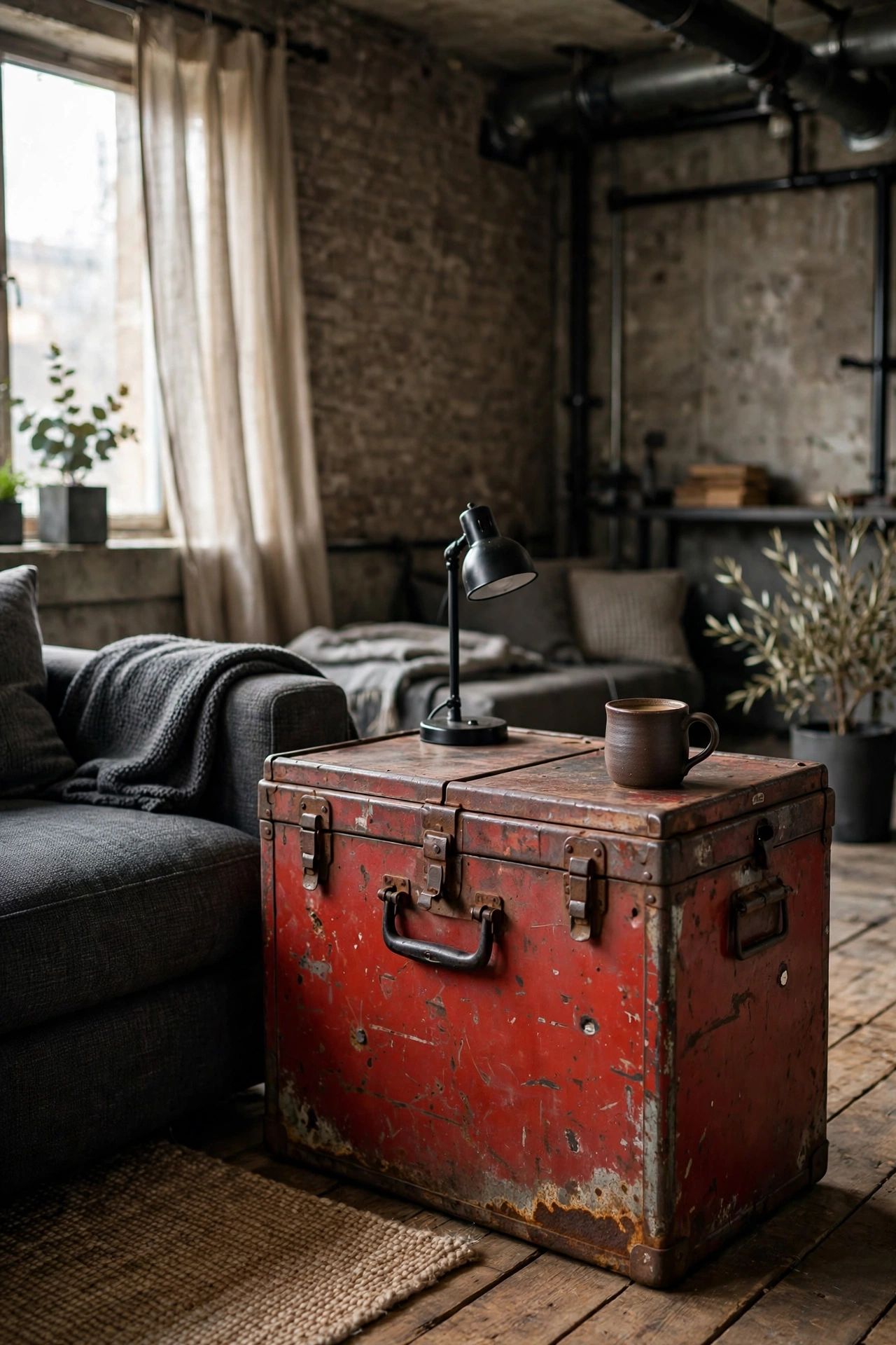 Vintage red metal toolbox used as industrial side table next to couch