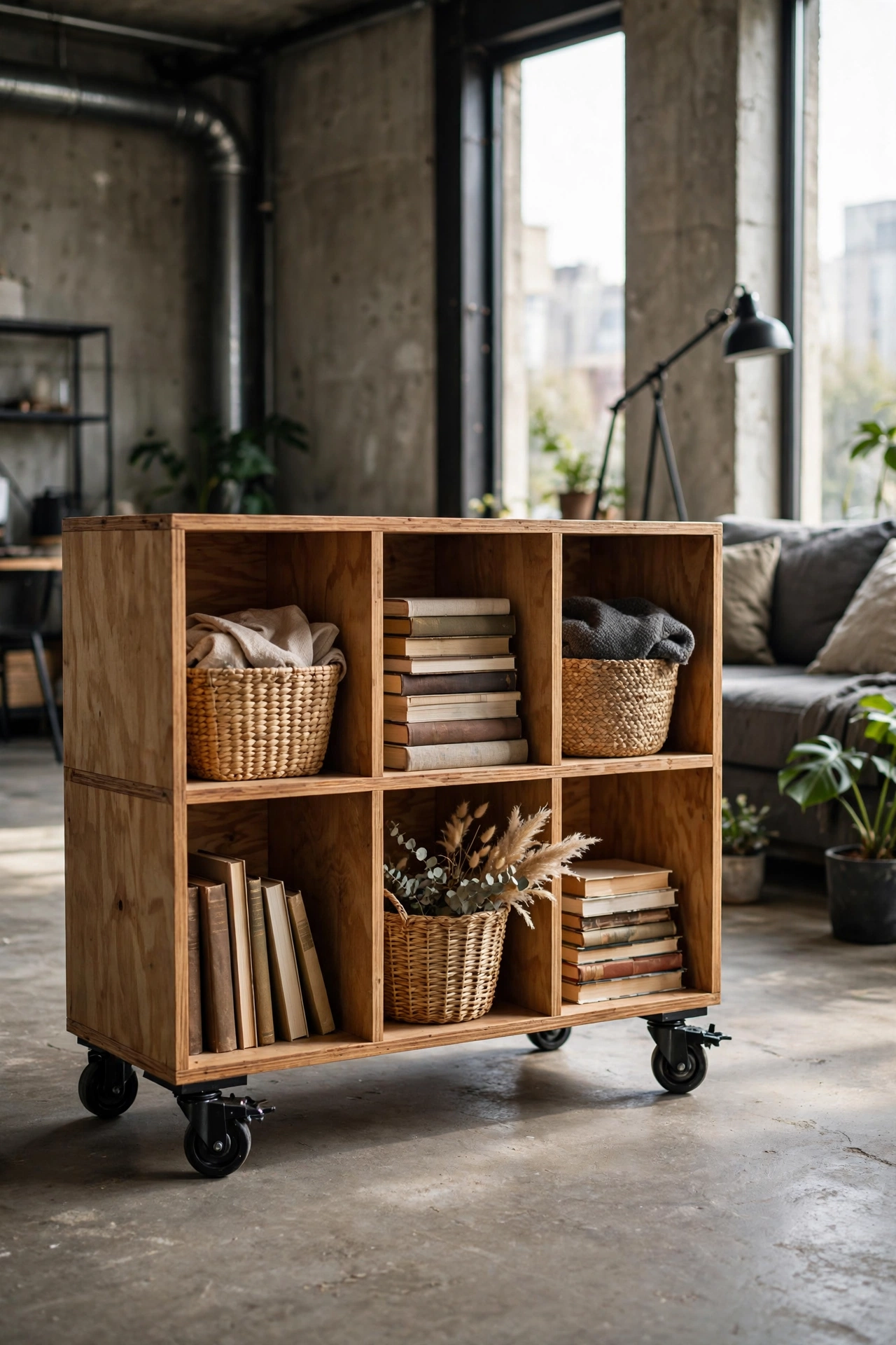 Wooden storage unit on black industrial caster wheels in living room
