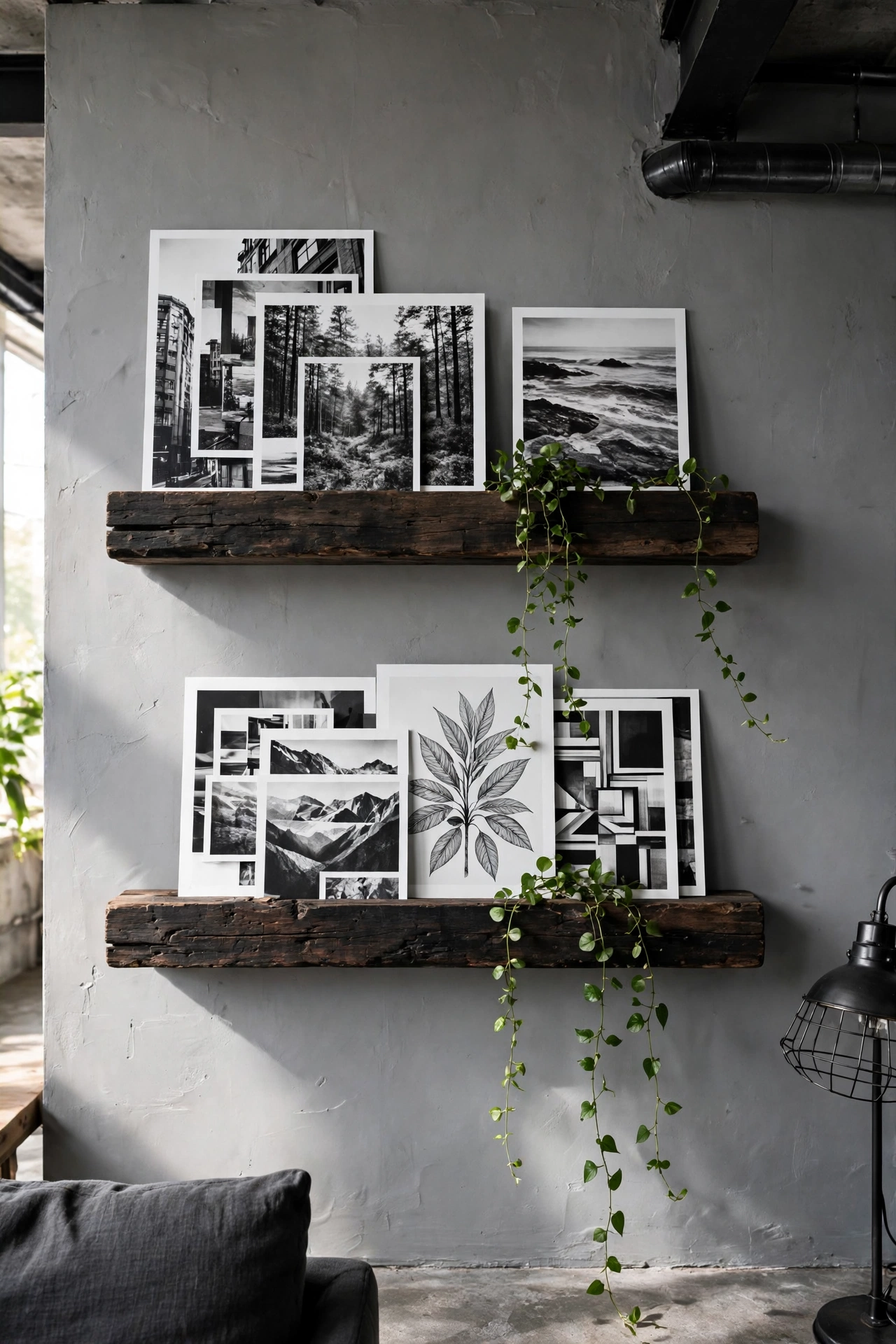 Dark wood picture ledges with layered black and white art prints in industrial living room