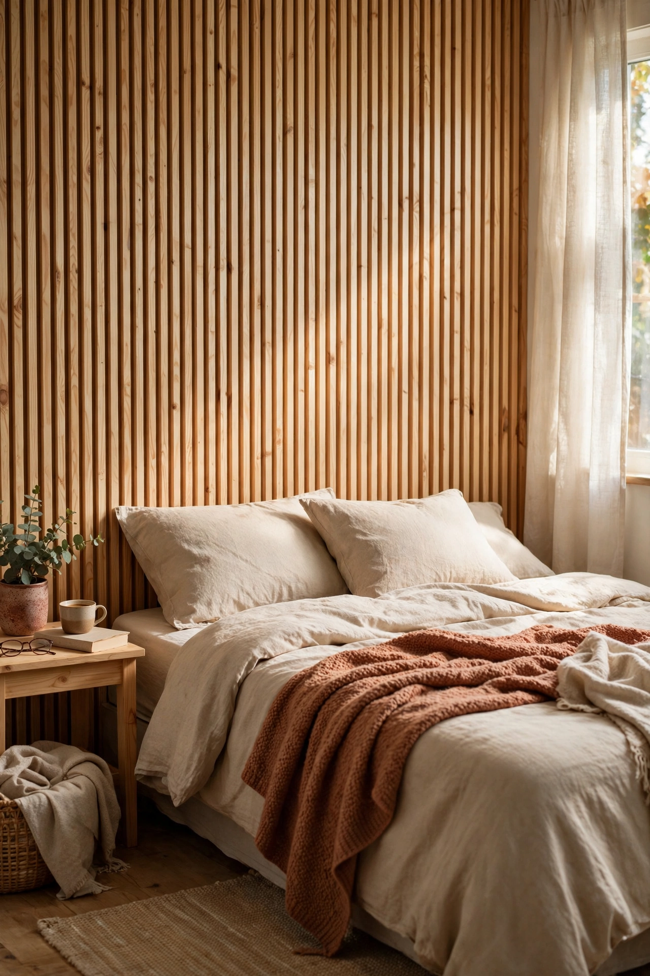 Thin pine wood slats mounted vertically as a fluted accent wall in a bedroom