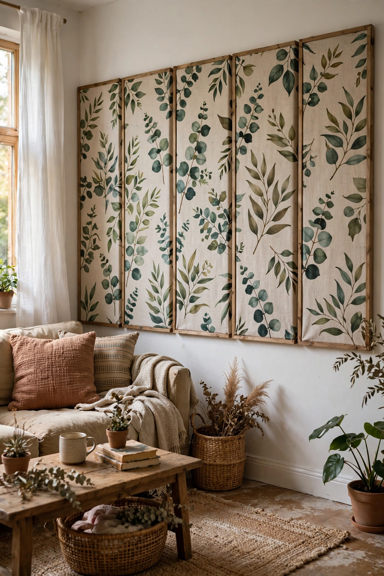 Large botanical fabric panels stretched on frames as a wallpaper alternative accent wall
