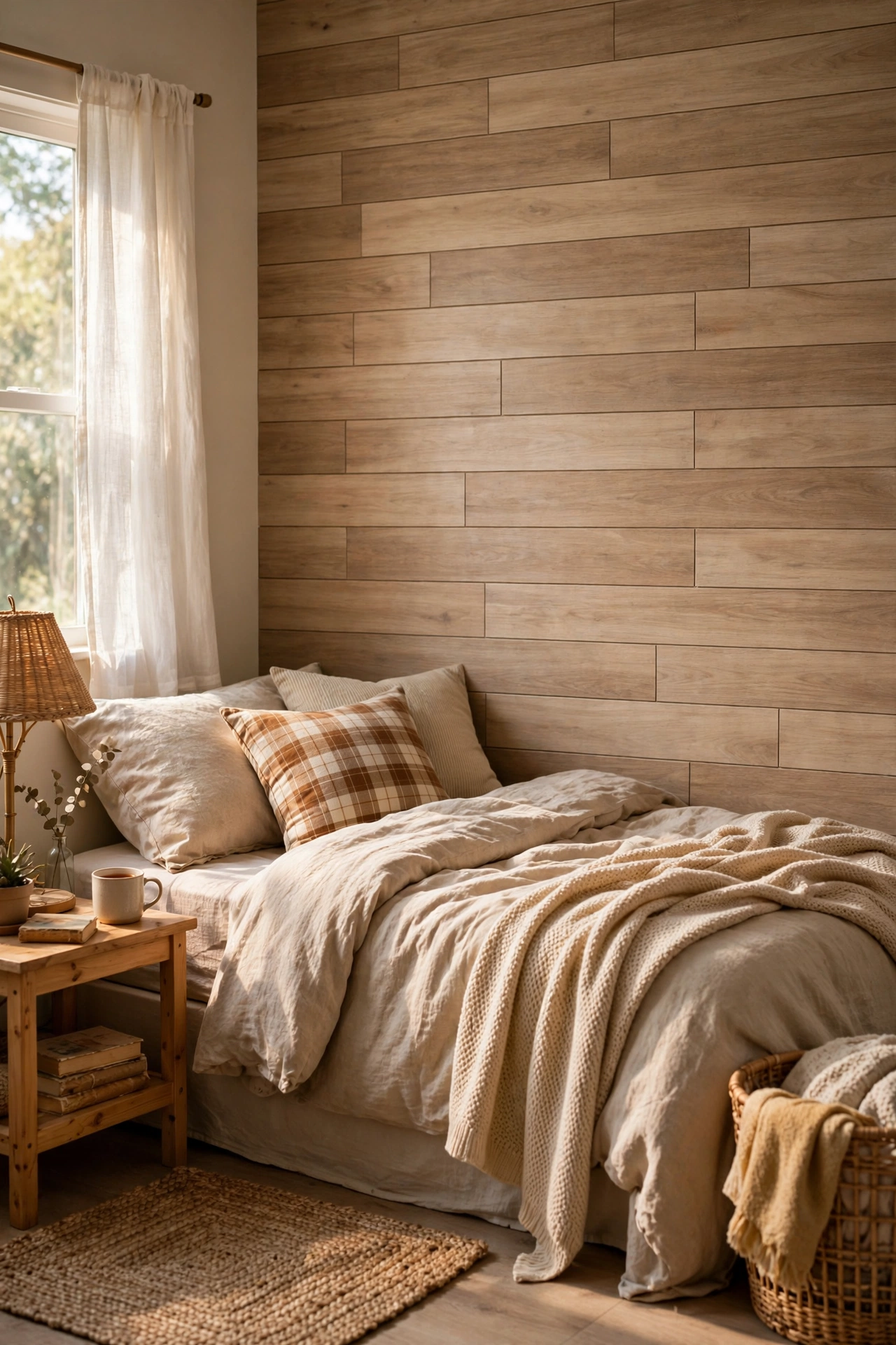 Peel-and-stick wood-look planks as a shiplap accent wall in a bedroom