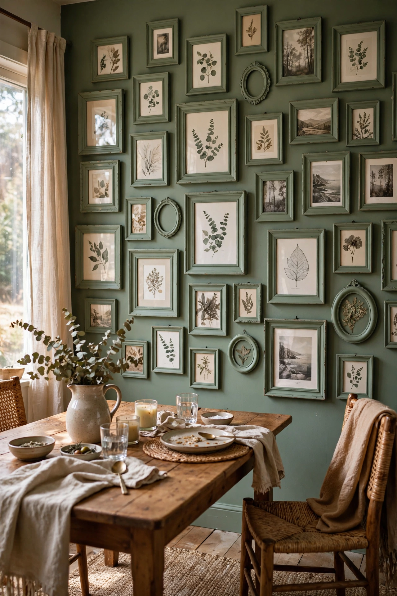 A dense floor-to-ceiling gallery wall of thrifted frames as a dining room accent