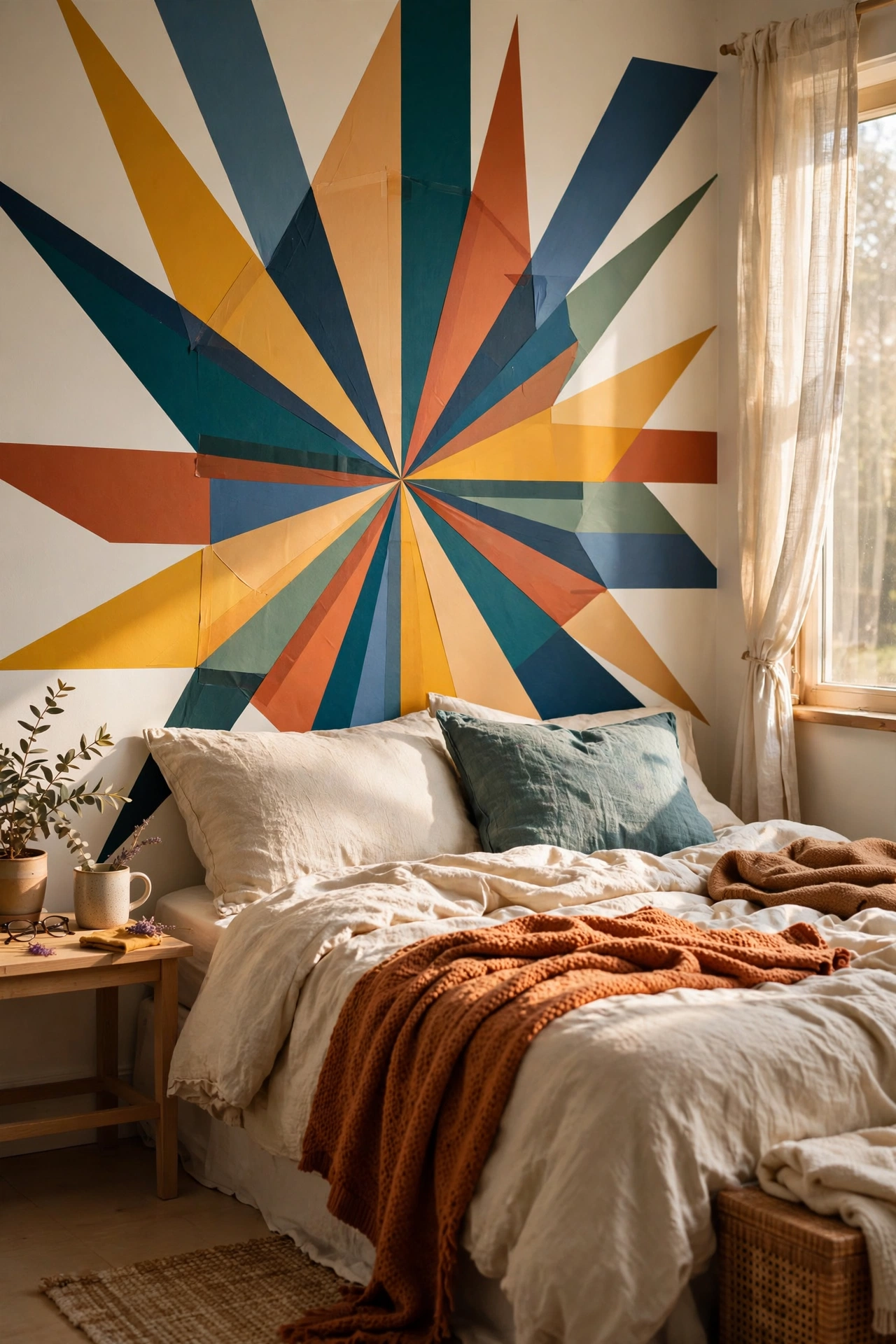 A geometric washi tape sunburst mural behind a bed as a reversible accent wall