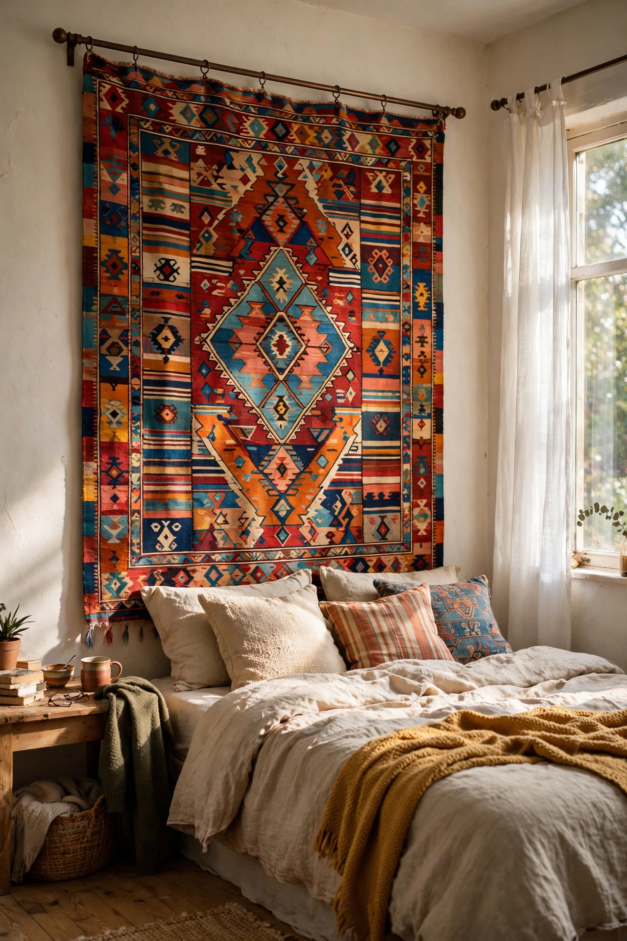 A large thrifted kilim rug hung on a curtain rod as a textile accent wall