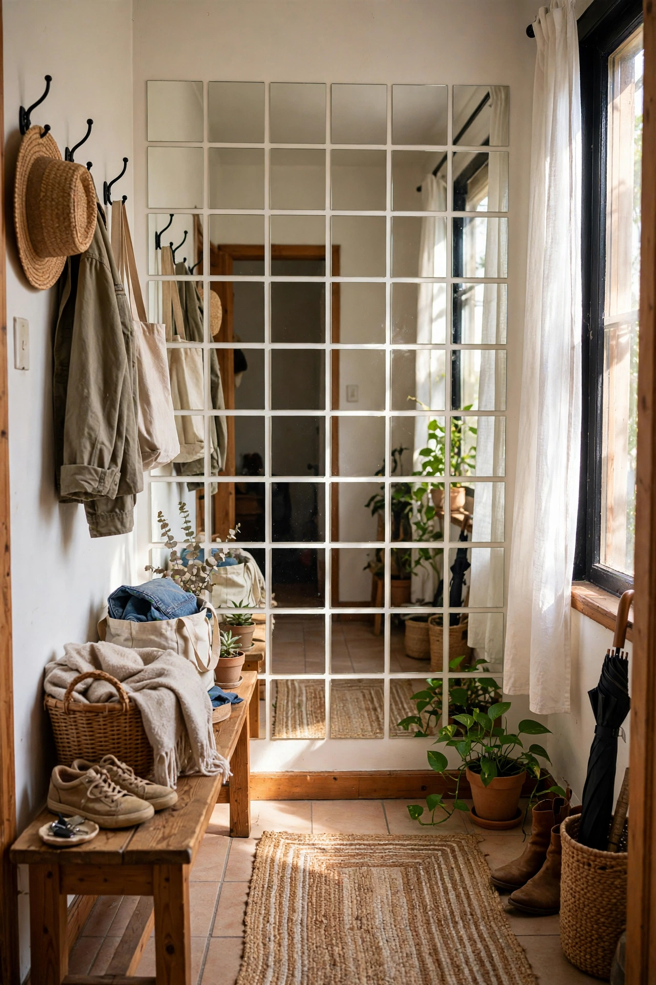 Adhesive mirror squares in a grid as a light-doubling entryway accent wall