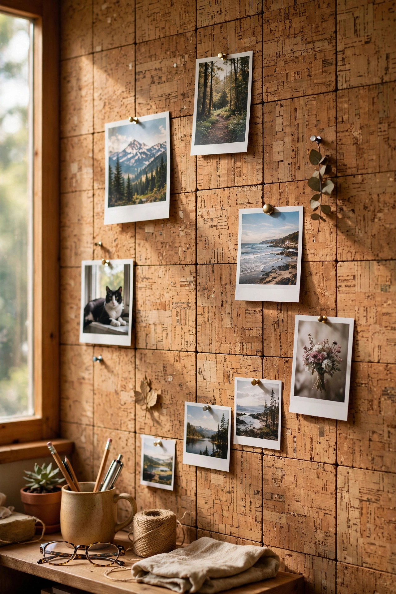 Natural cork tiles across an office wall as a warm pinnable accent wall