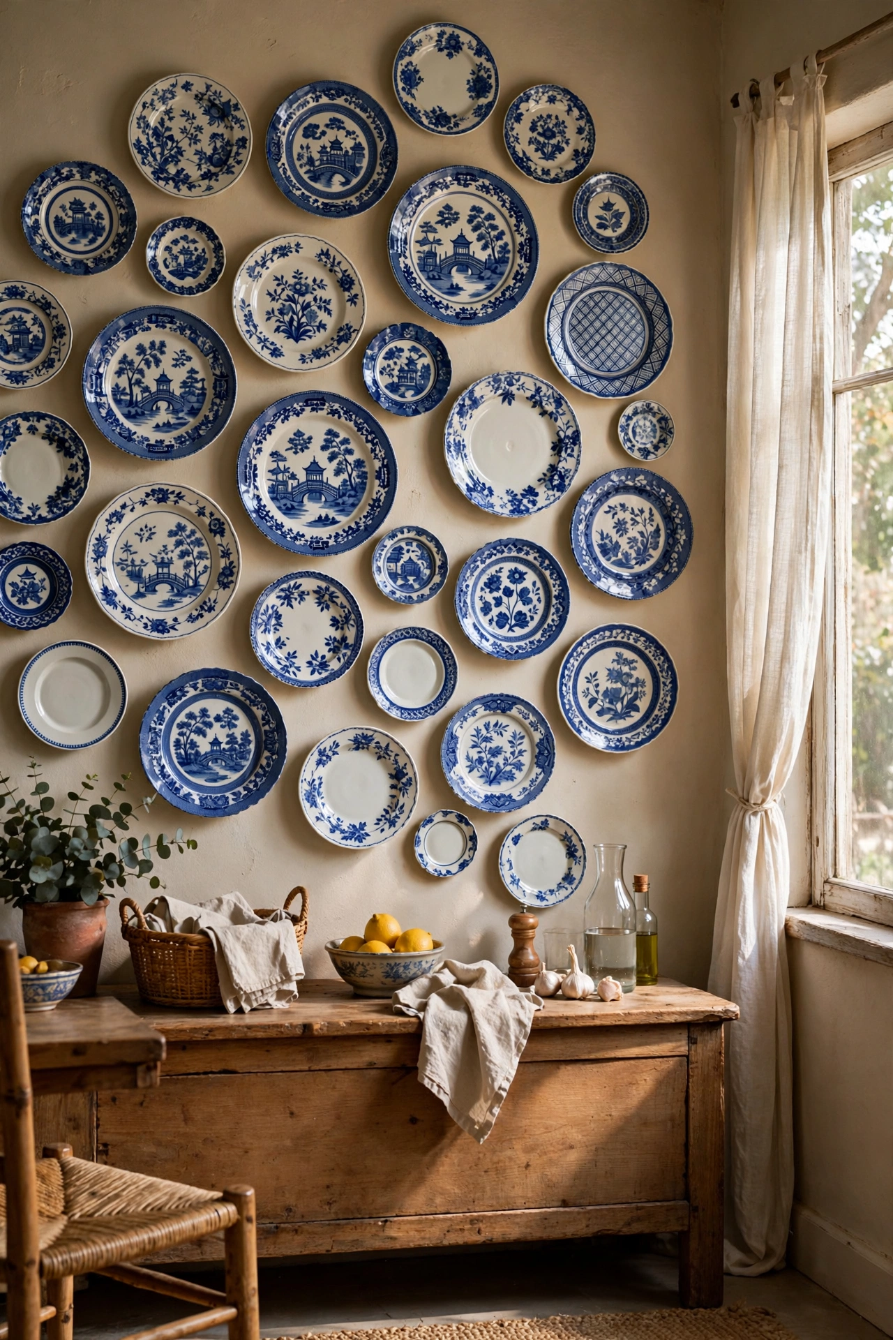 Blue and white decorative plates covering a dining wall as a dimensional accent
